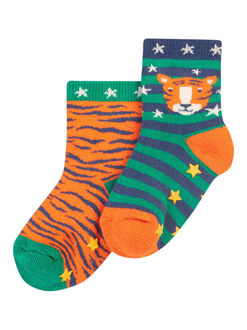 Frugi Kids' Organic Cotton Blend Grippy Socks, Pack of 2, Tiger/Multi