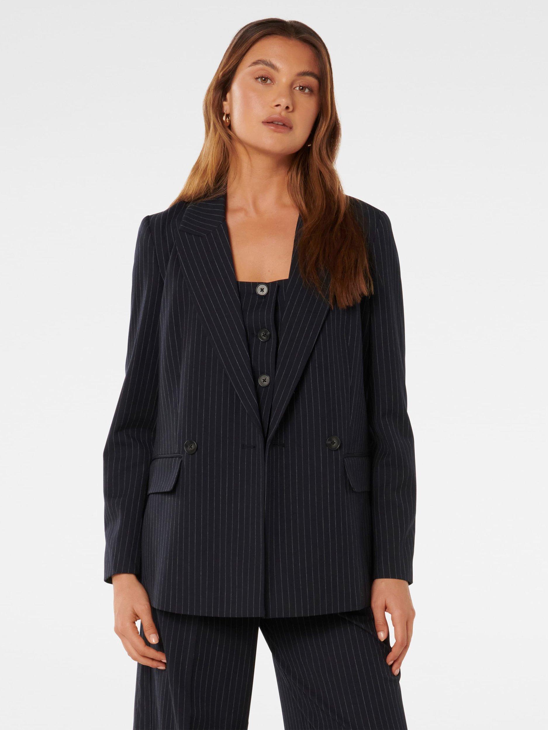 Product image 2 of 7, which shows Forever New Bella Double Breasted Blazer, Navy Pinstripe Suit, 4