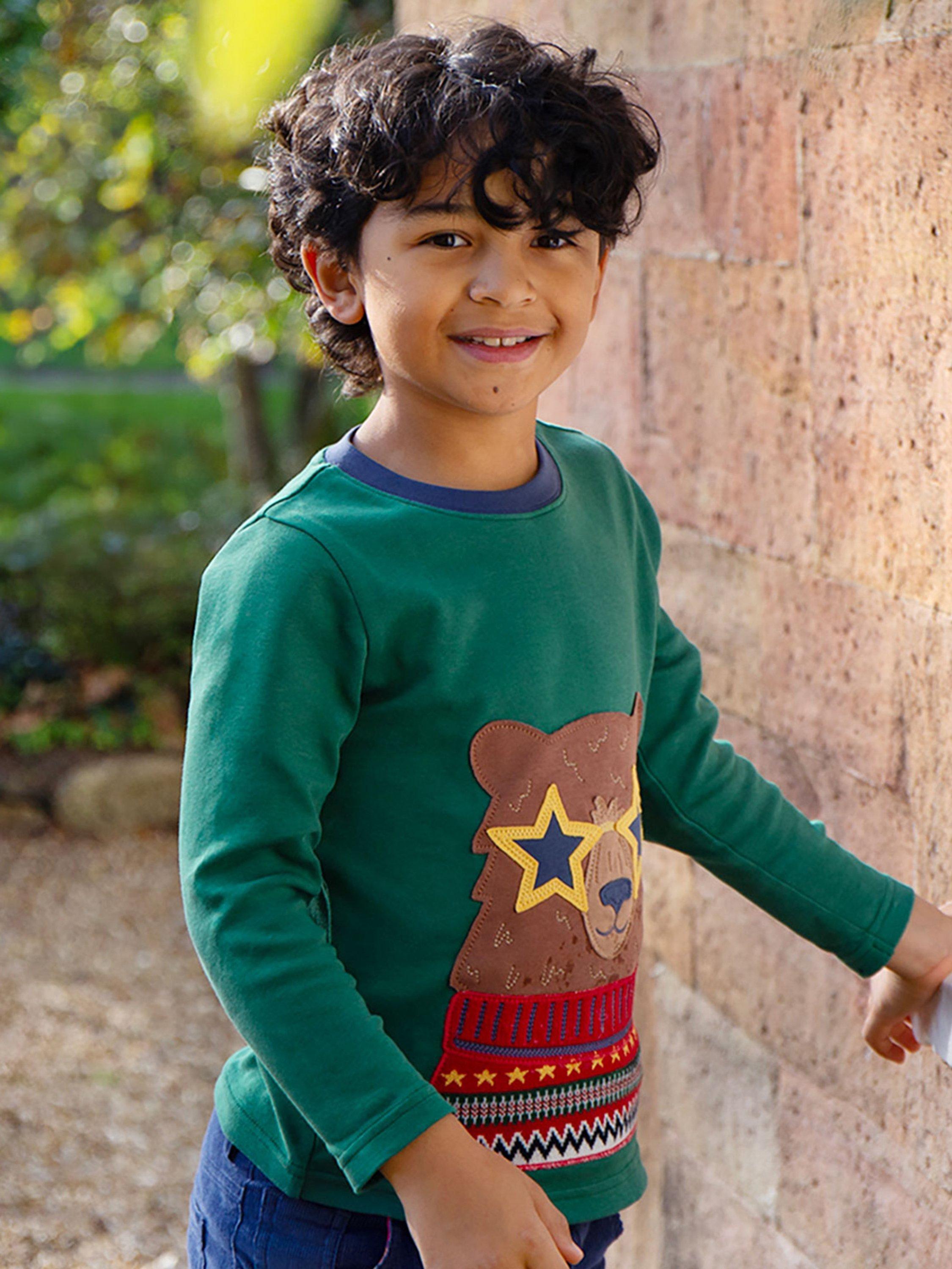 Product image 2 of 4, which shows Frugi Kids' Terrific Applique Top, Teal/Fairisle Bear, 18-24 months