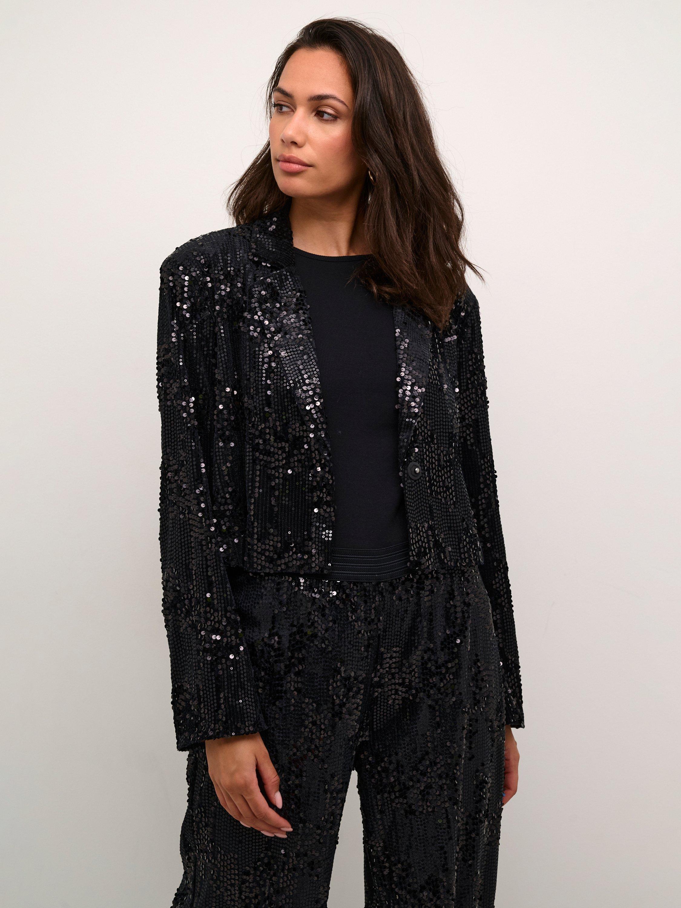KAFFE Nicole Sequin Cropped Blazer, Black