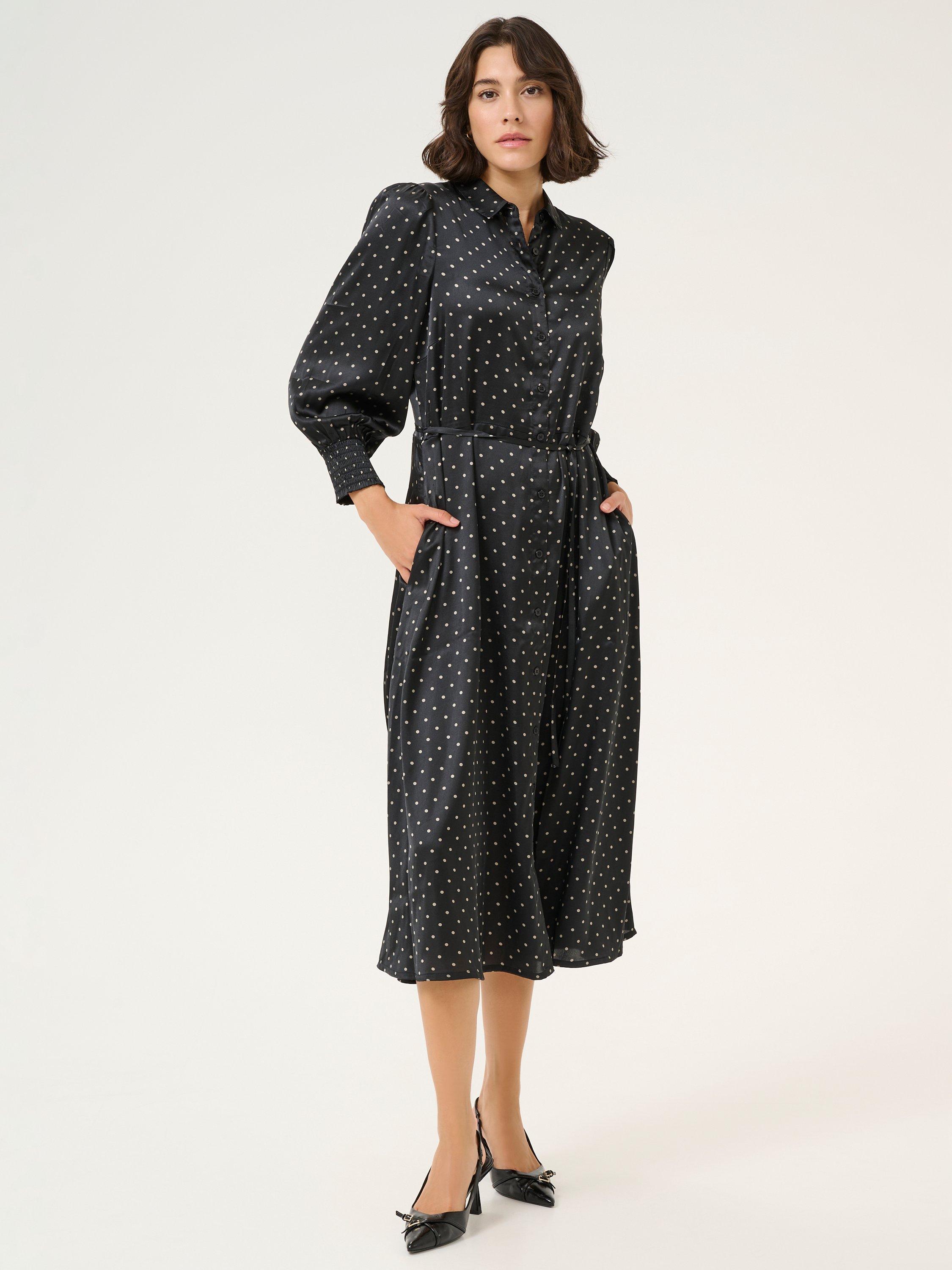 KAFFE Amina Satin Polka Dot Midi Shirt Dress, Black/White