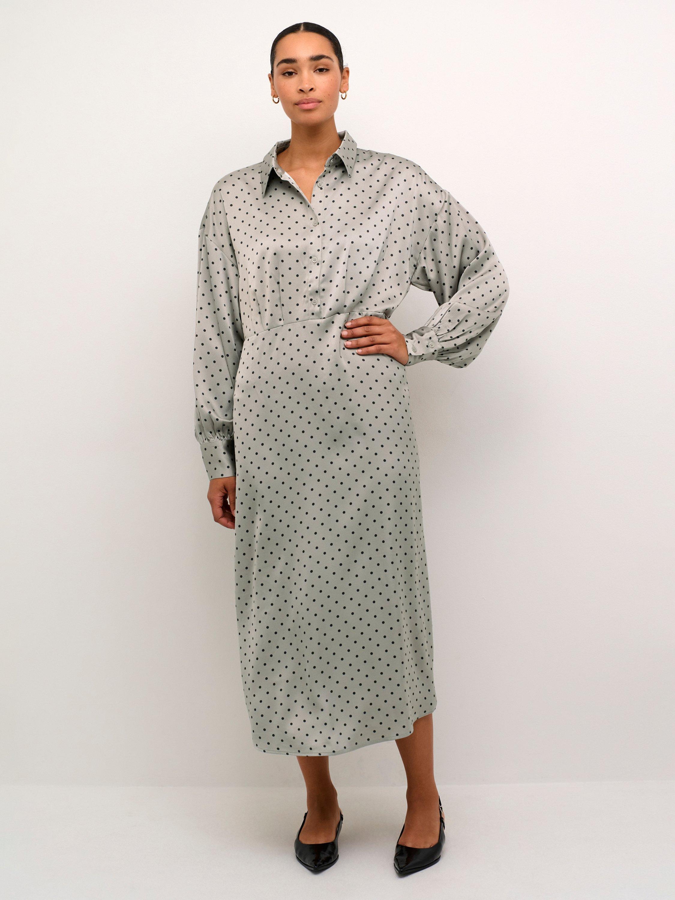 Product image 1 of 5, which shows KAFFE Kadonna Polka Dot Satin Maxi Shirt Dress, Steeple Grey/Black, 8
