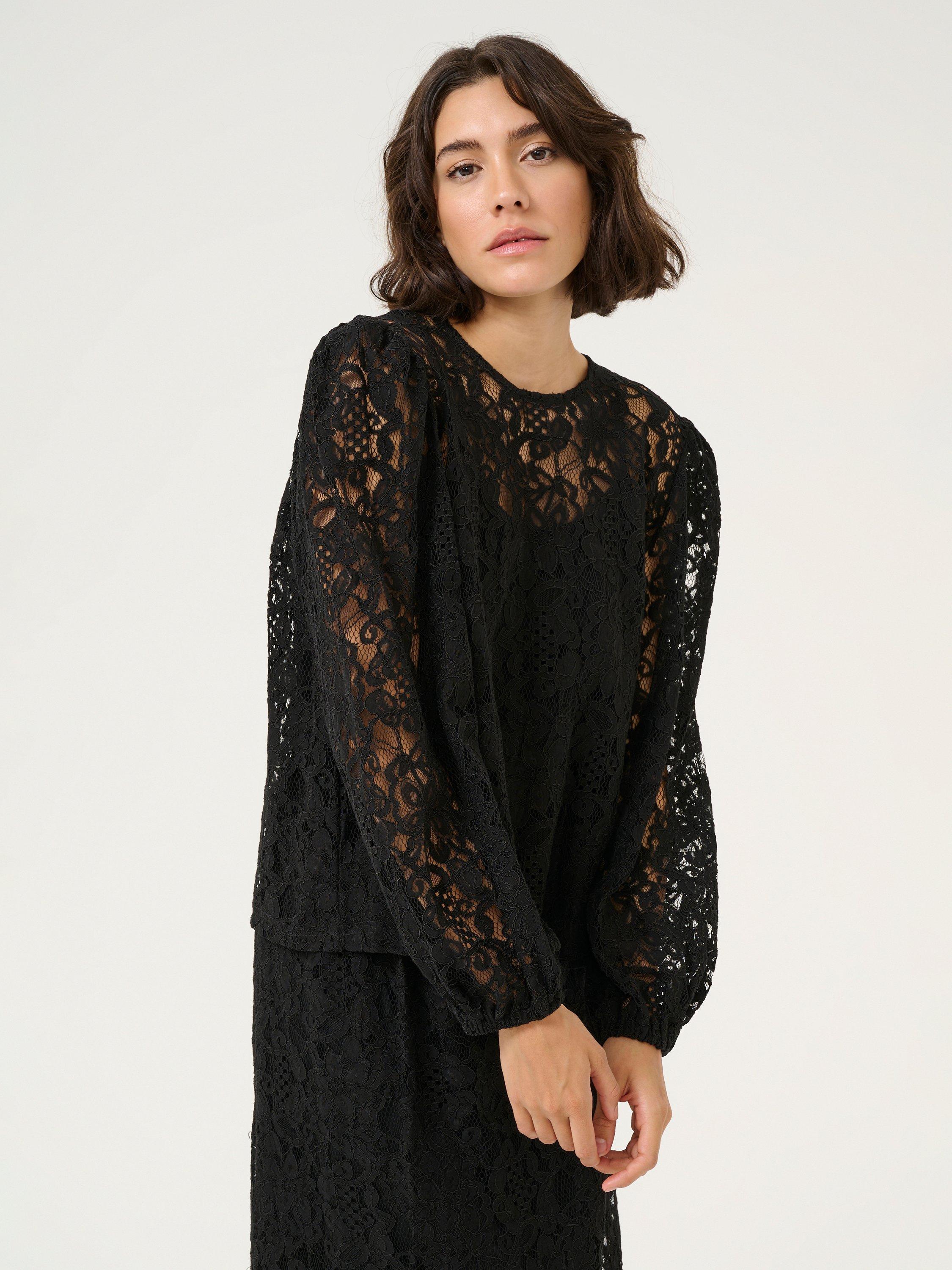 Product image 1 of 5, which shows KAFFE Lanice Lace Top, Black, XS