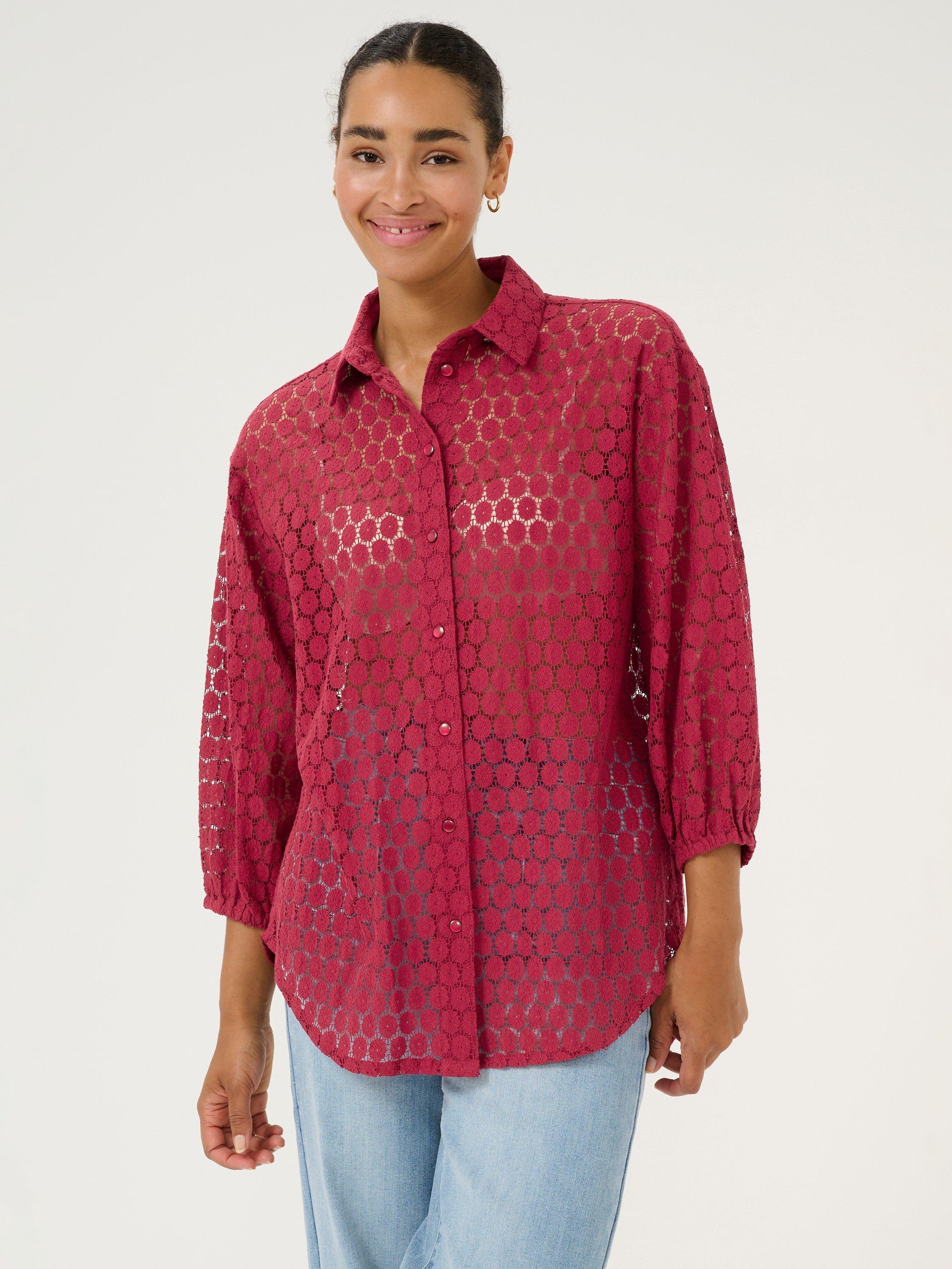Product image 1 of 6, which shows KAFFE Loren Lace Shirt, Rumba Red, 10