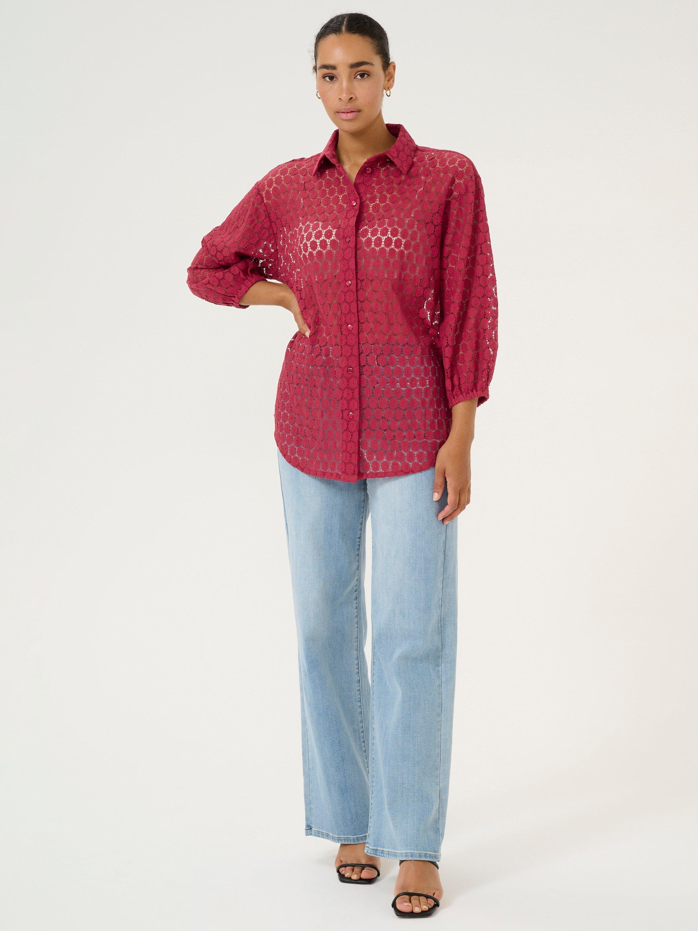 Product image 3 of 6, which shows KAFFE Loren Lace Shirt, Rumba Red, 10