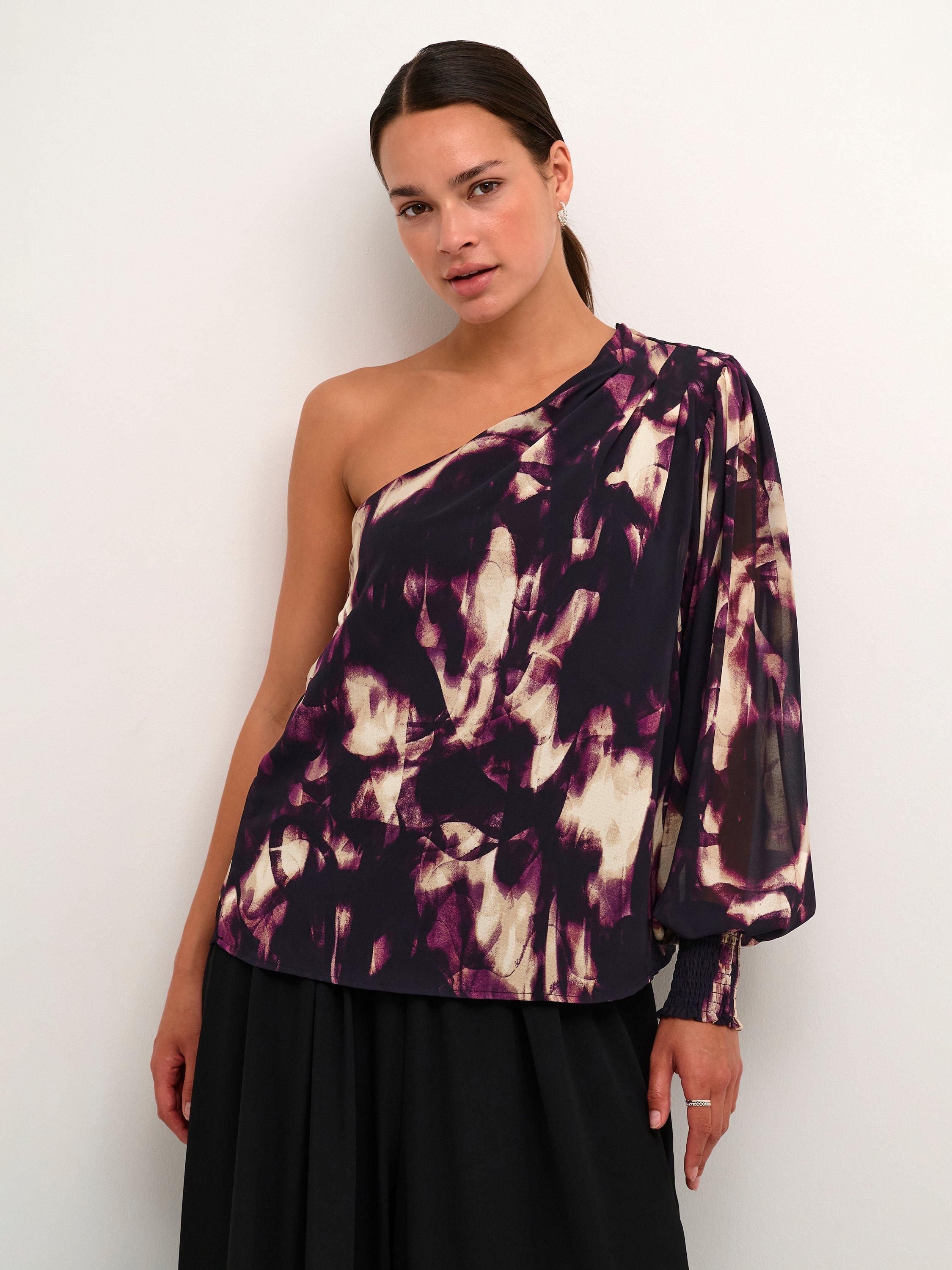 Product image 1 of 6, which shows KAFFE Aska Abstract Chiffon One Shoulder Blouse, Purple/Multi, 8