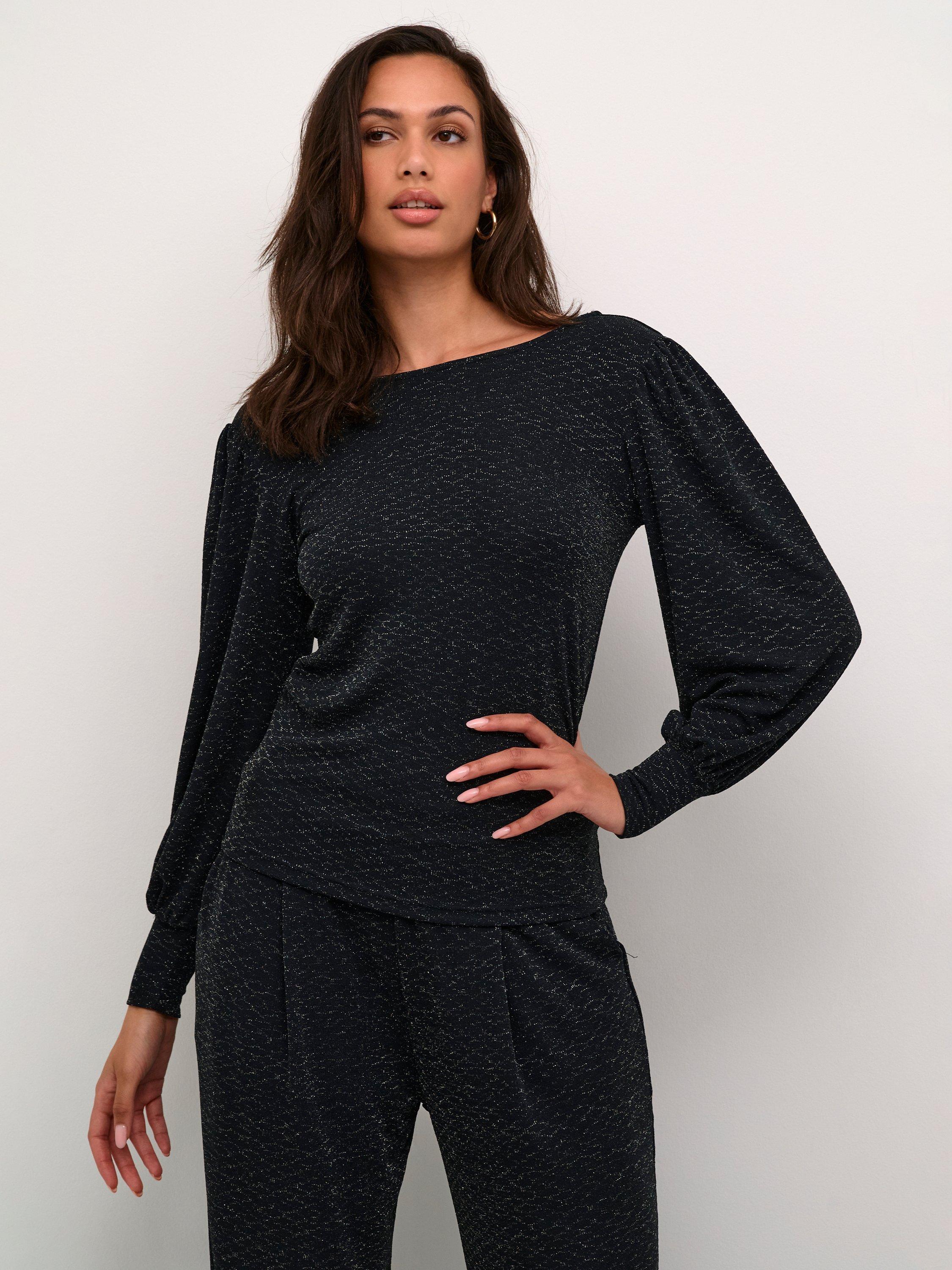 Product image 1 of 6, which shows KAFFE Ellie Shimmer Jersey Blouse, Black/Silver, S