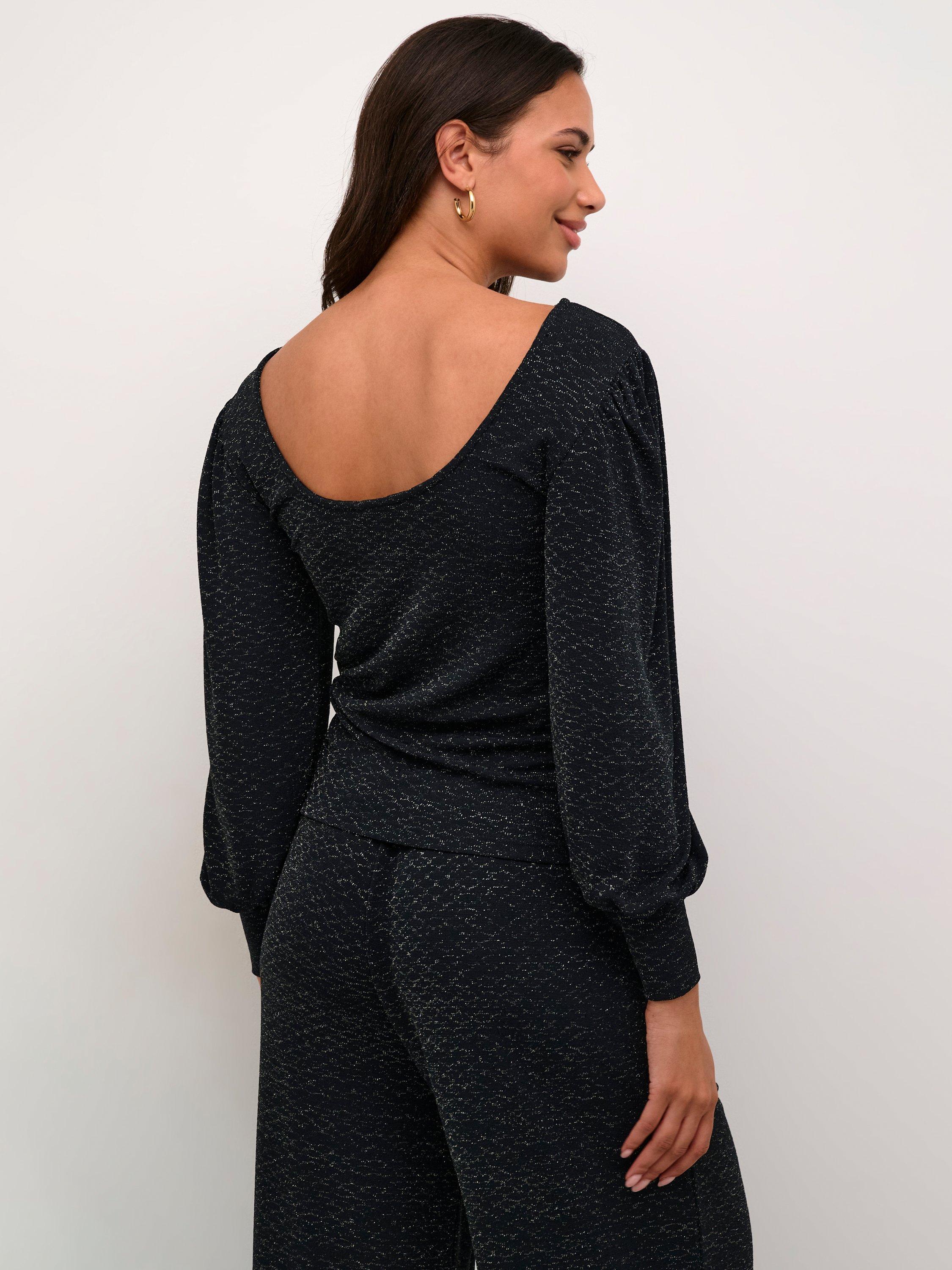 Product image 2 of 6, which shows KAFFE Ellie Shimmer Jersey Blouse, Black/Silver, S