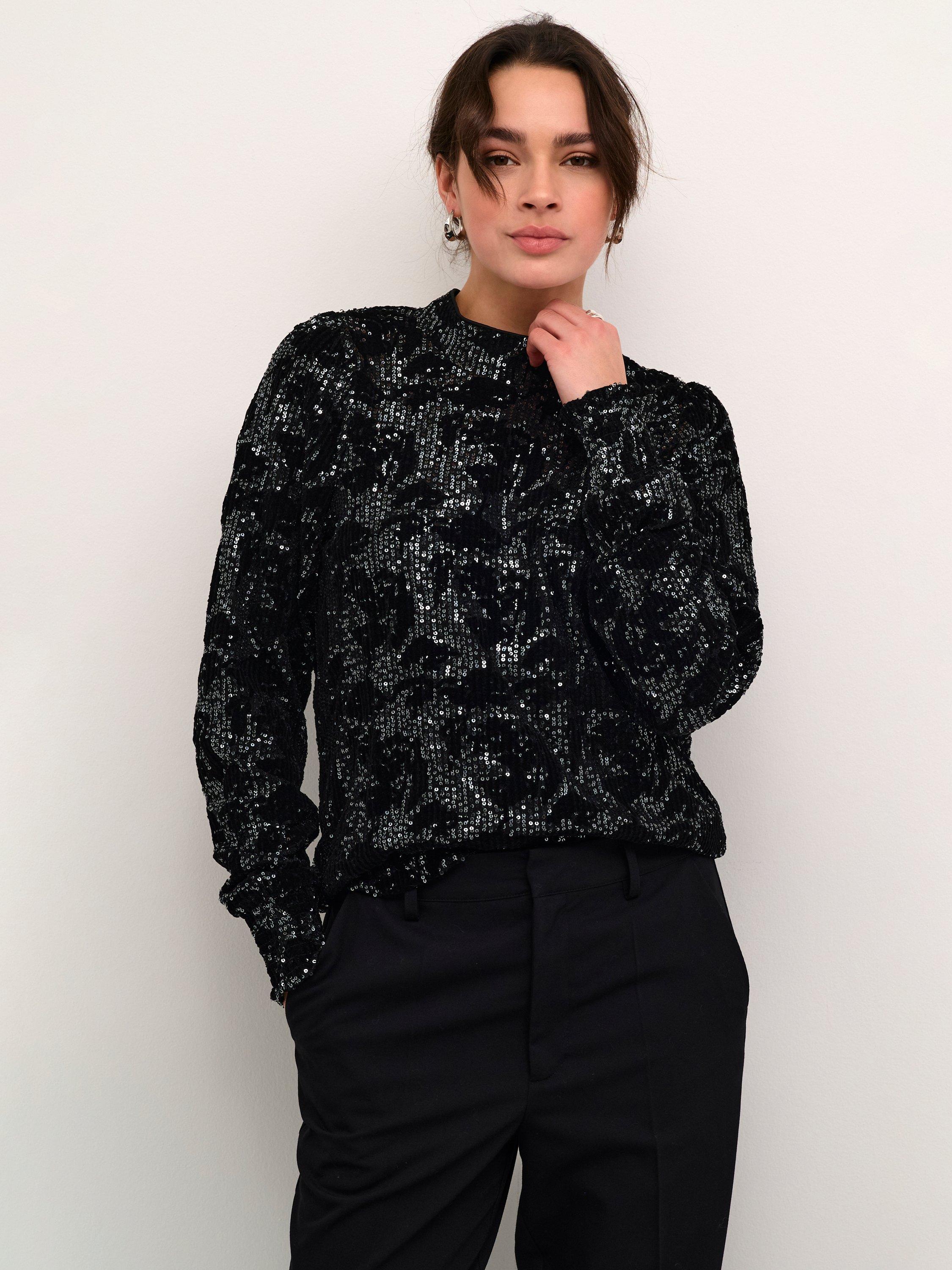Product image 1 of 6, which shows KAFFE Grit Open Back Sequin Top, Black/Silver, S