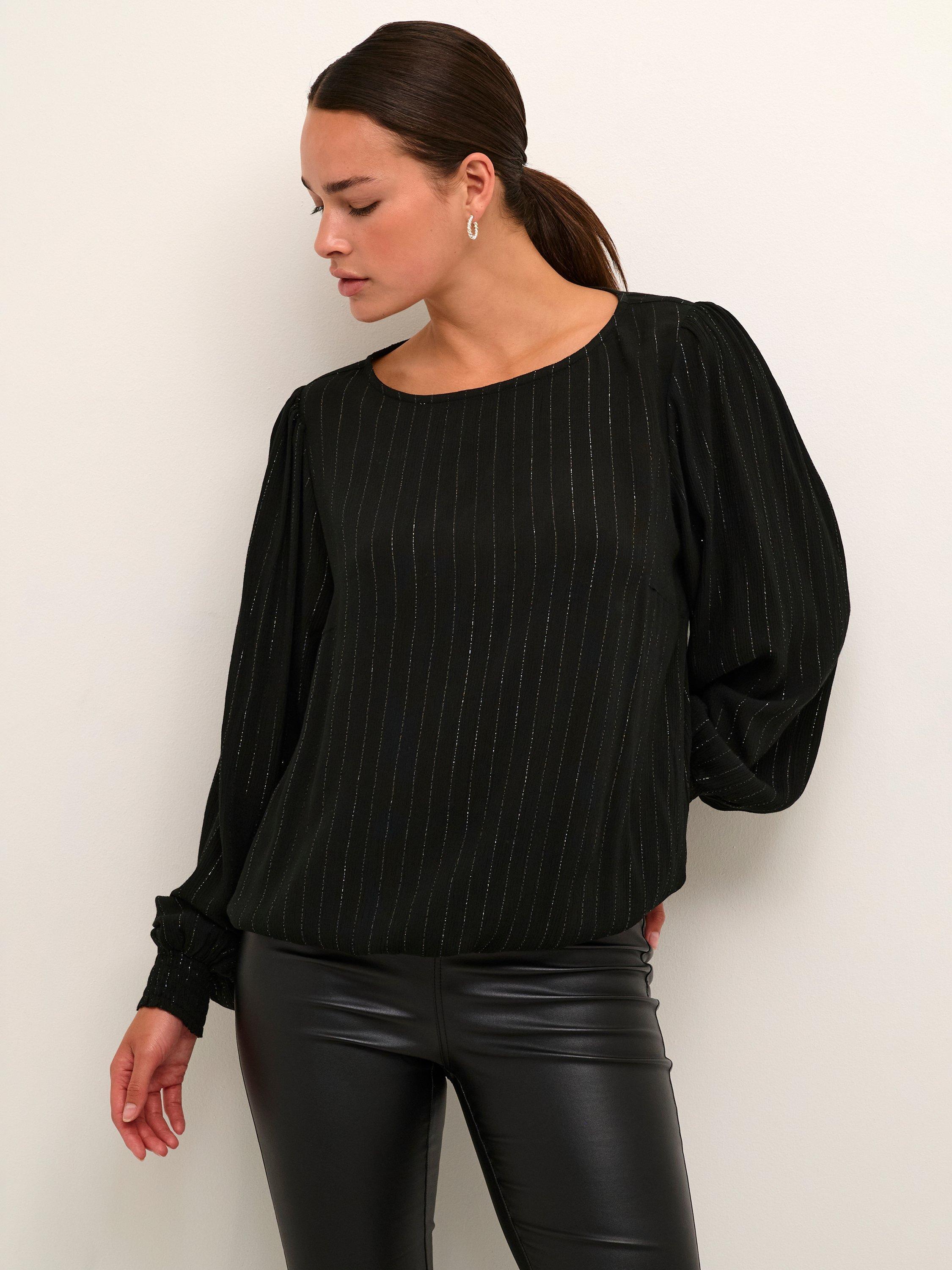 Product image 1 of 6, which shows KAFFE Liv Glitter Stripe Blouse, Black, 10