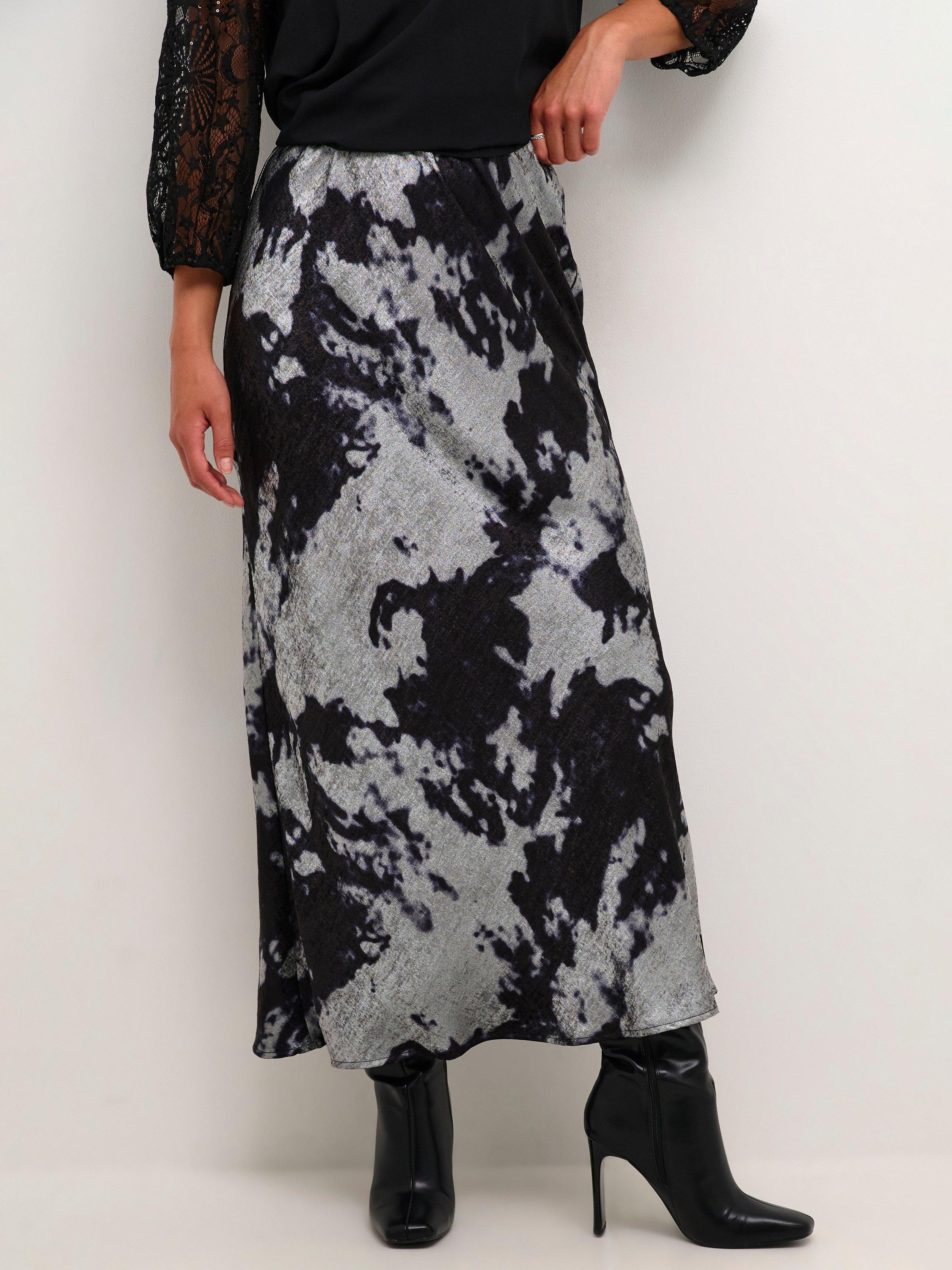 KAFFE Asky Bias Cut Chiffon Skirt, Black/Silver Cloud