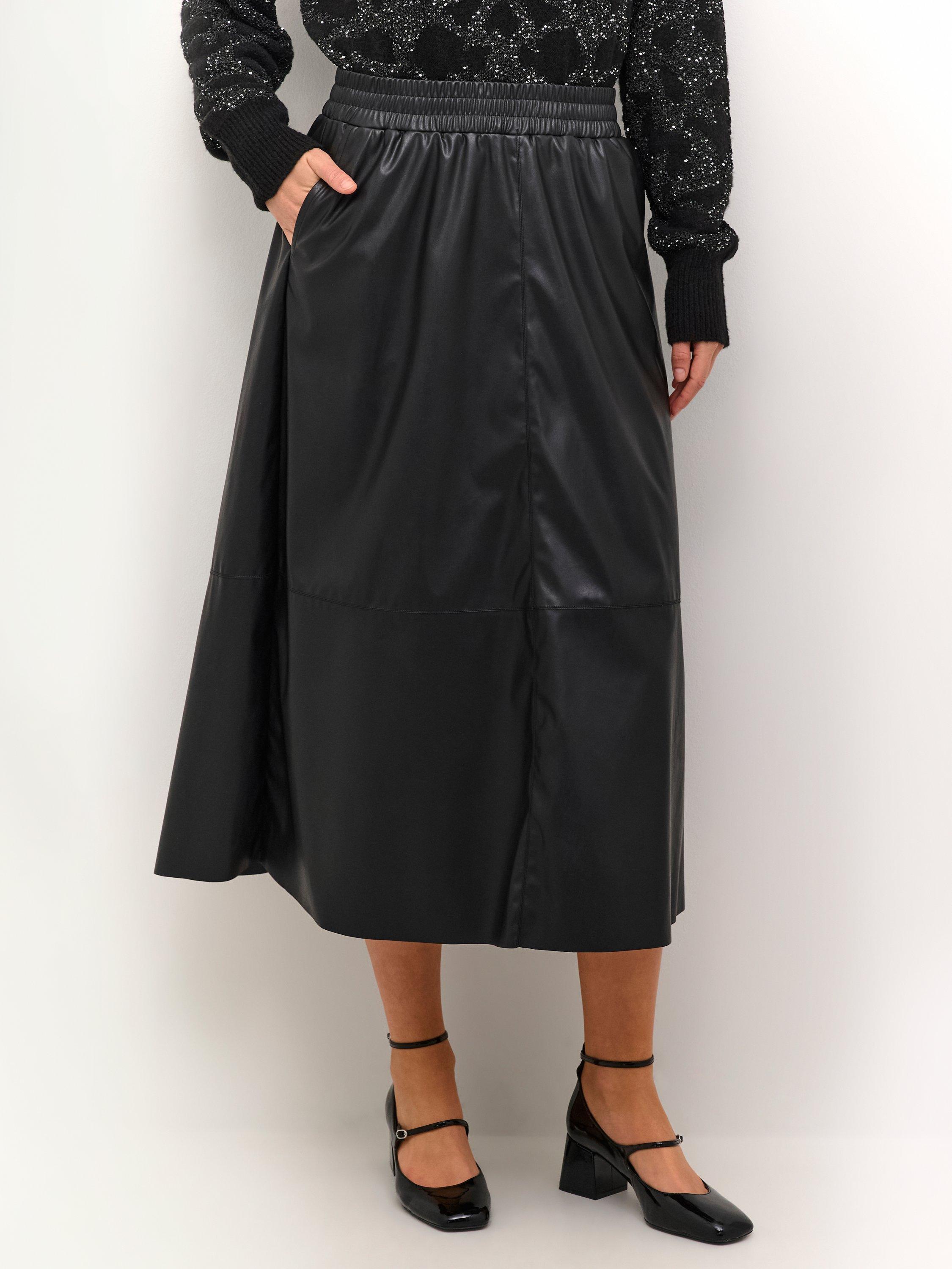 Product image 1 of 6, which shows KAFFE Mikka Faux Leather Midi Skirt, Black Deep, 12