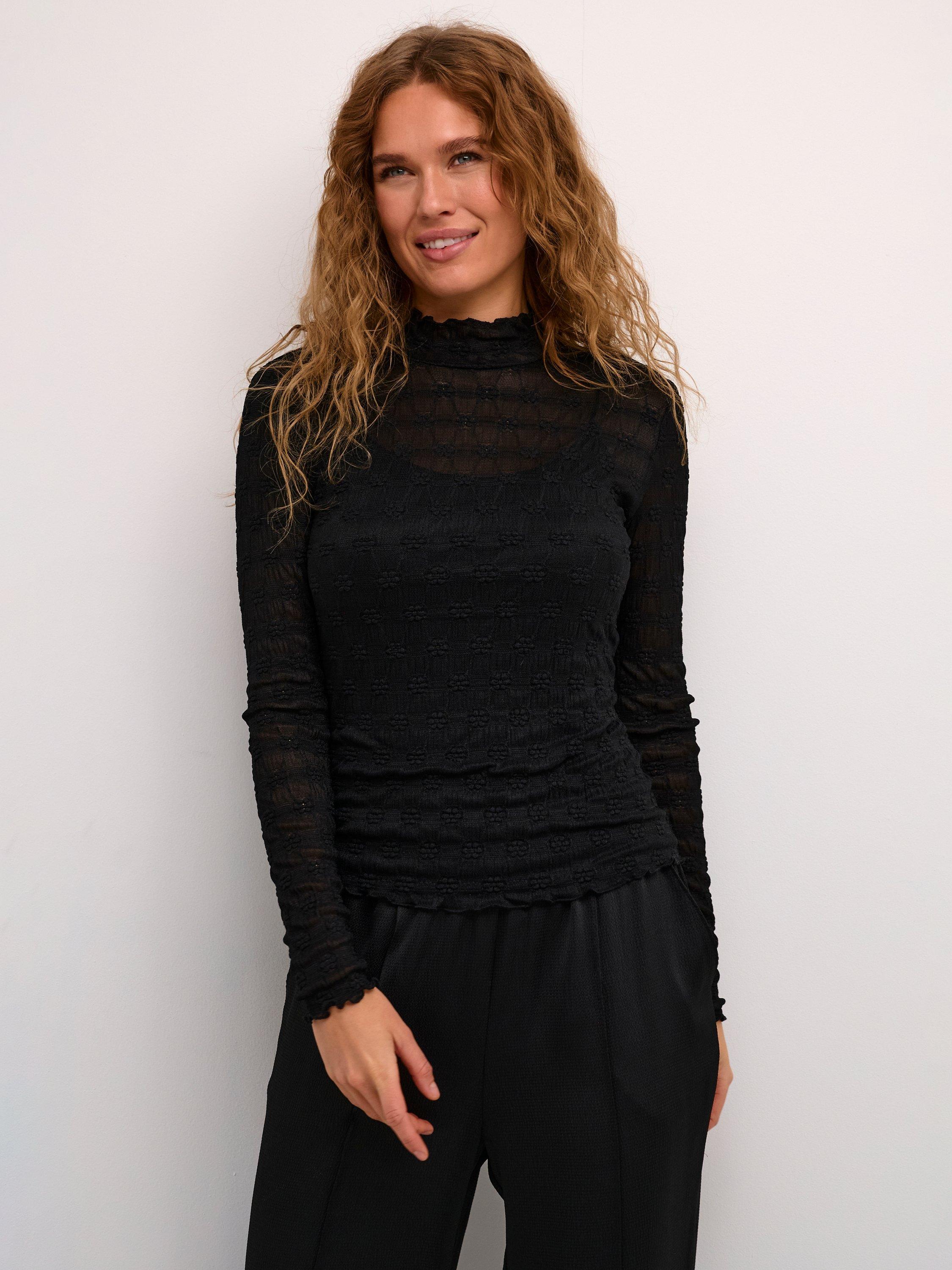 Product image 1 of 6, which shows KAFFE Becca Mesh Long Sleeve T-Shirt, Deep Black, L