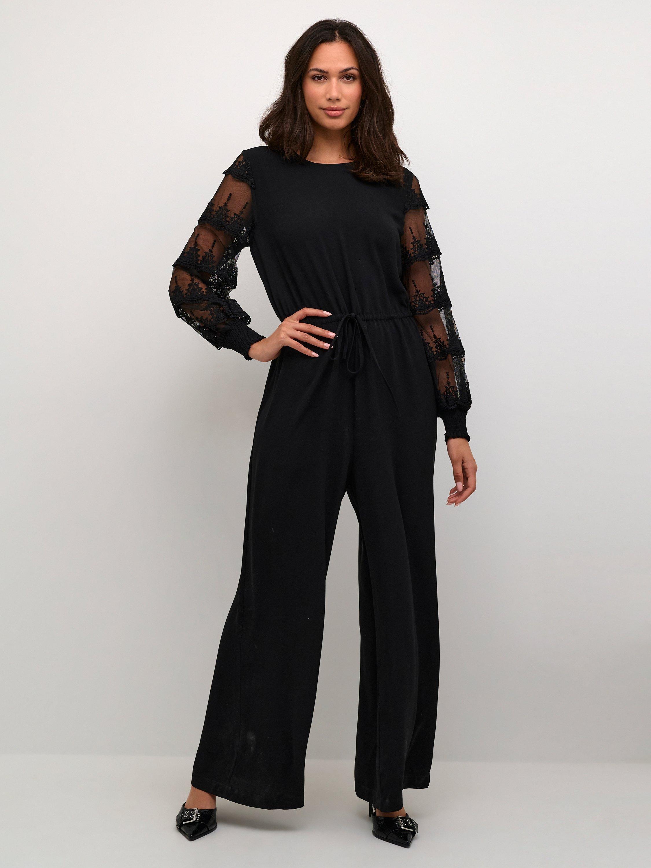 Product image 1 of 4, which shows KAFFE Illis Lace Sleeve Jumpsuit, Black Deep, 12