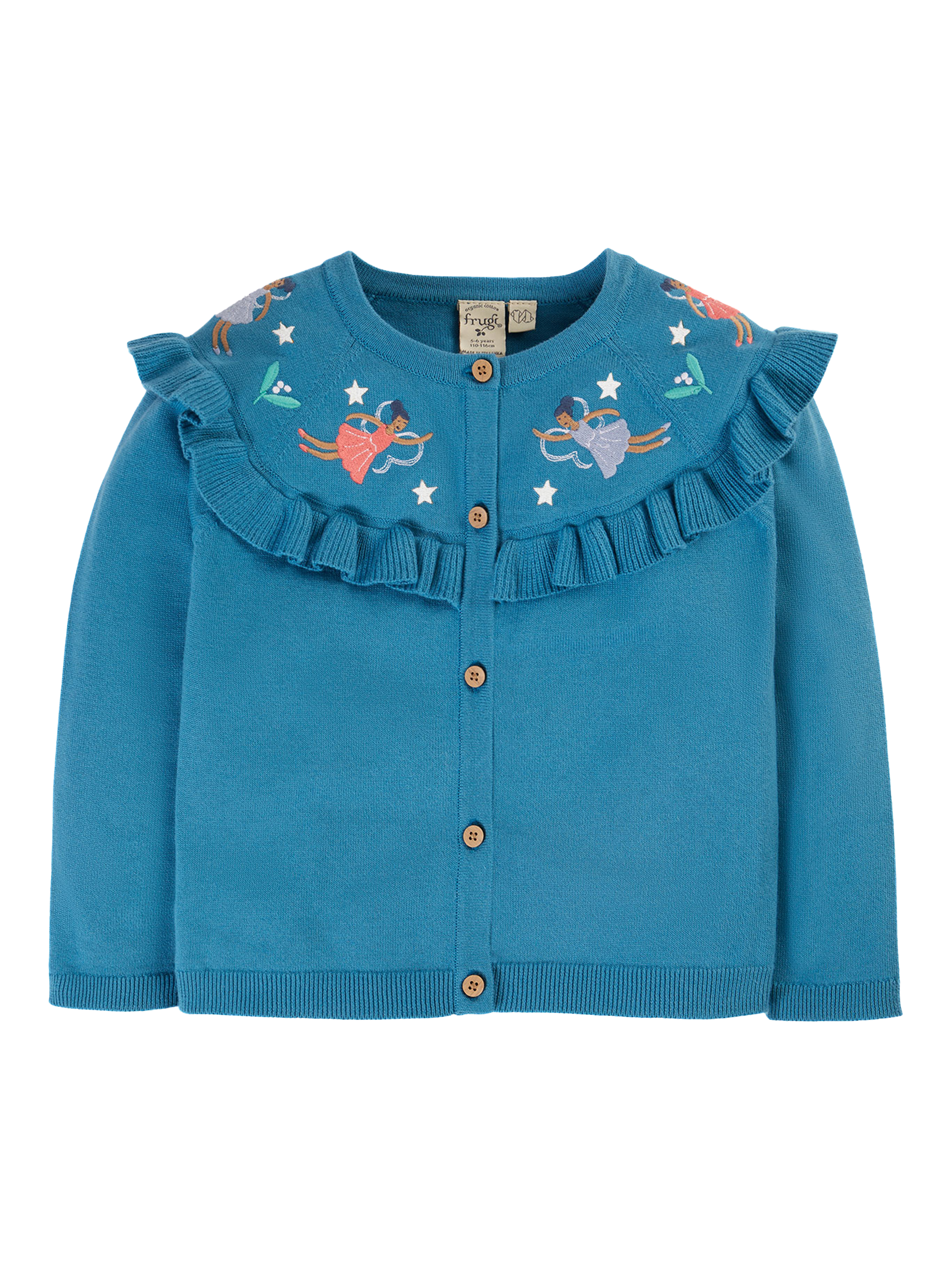 Product image 1 of 5, which shows Frugi Baby Romi Ruffle Cardigan, Deep Water/Fairies, 0-3 months