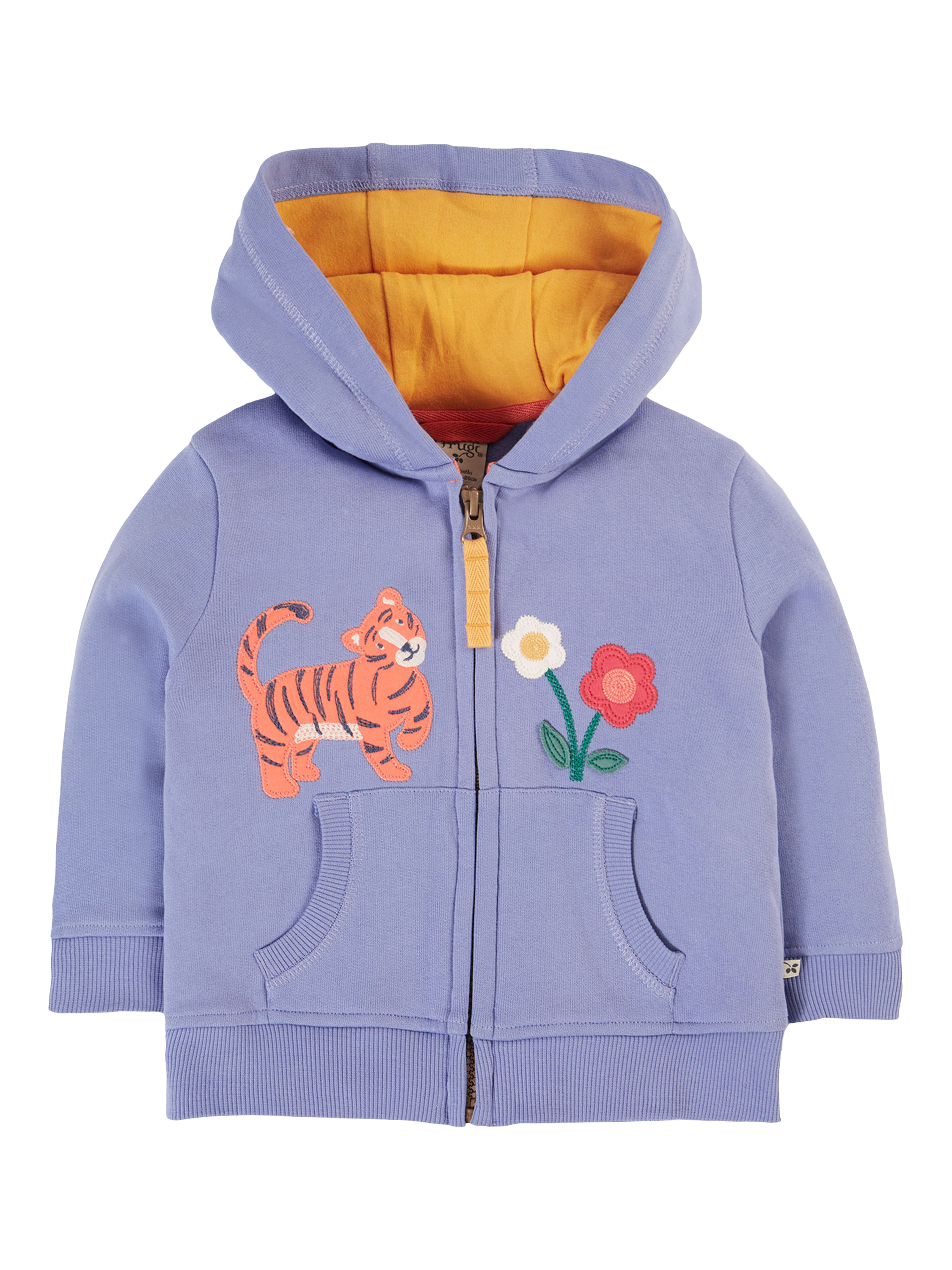 Product image 1 of 4, which shows Frugi Kids' Carbis Organic Cotton Zip Up Hoodie, Grape/Tiger, 0-3 months