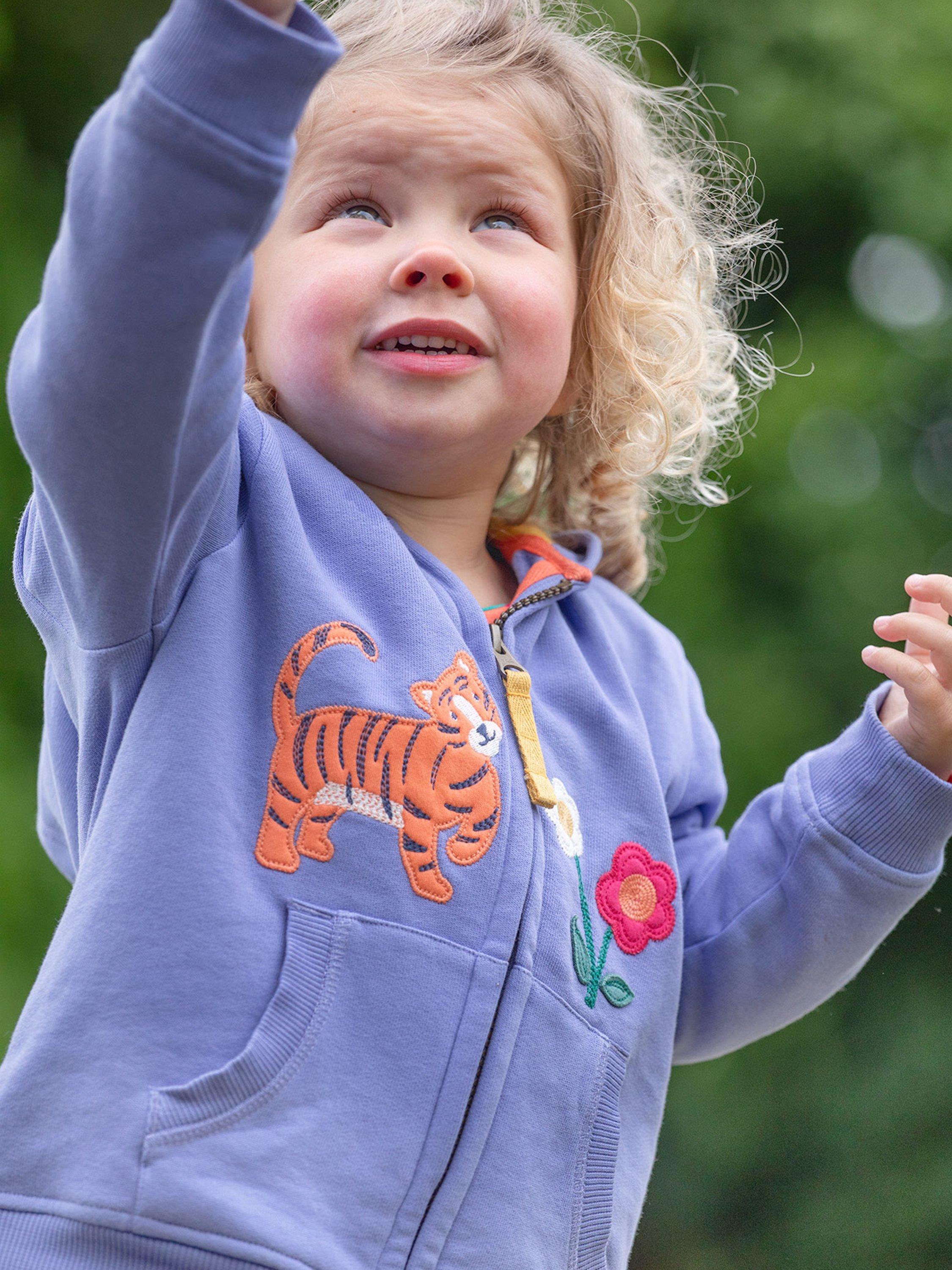 Product image 2 of 4, which shows Frugi Kids' Carbis Organic Cotton Zip Up Hoodie, Grape/Tiger, 0-3 months