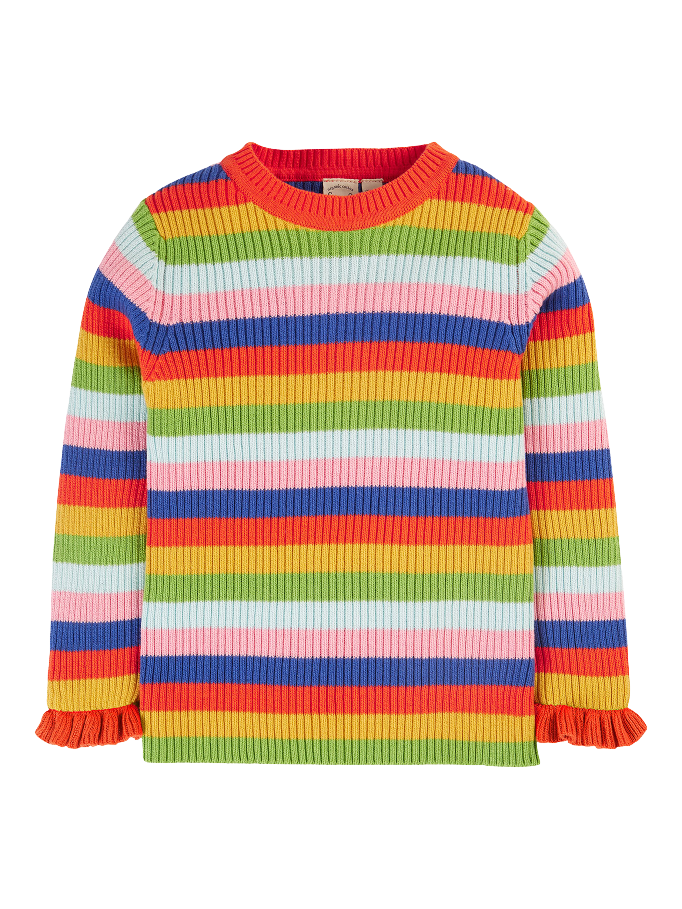 Product image 1 of 6, which shows Frugi Kids' Zoe Knitted Jumper, Retro Stripe, 2-3 years