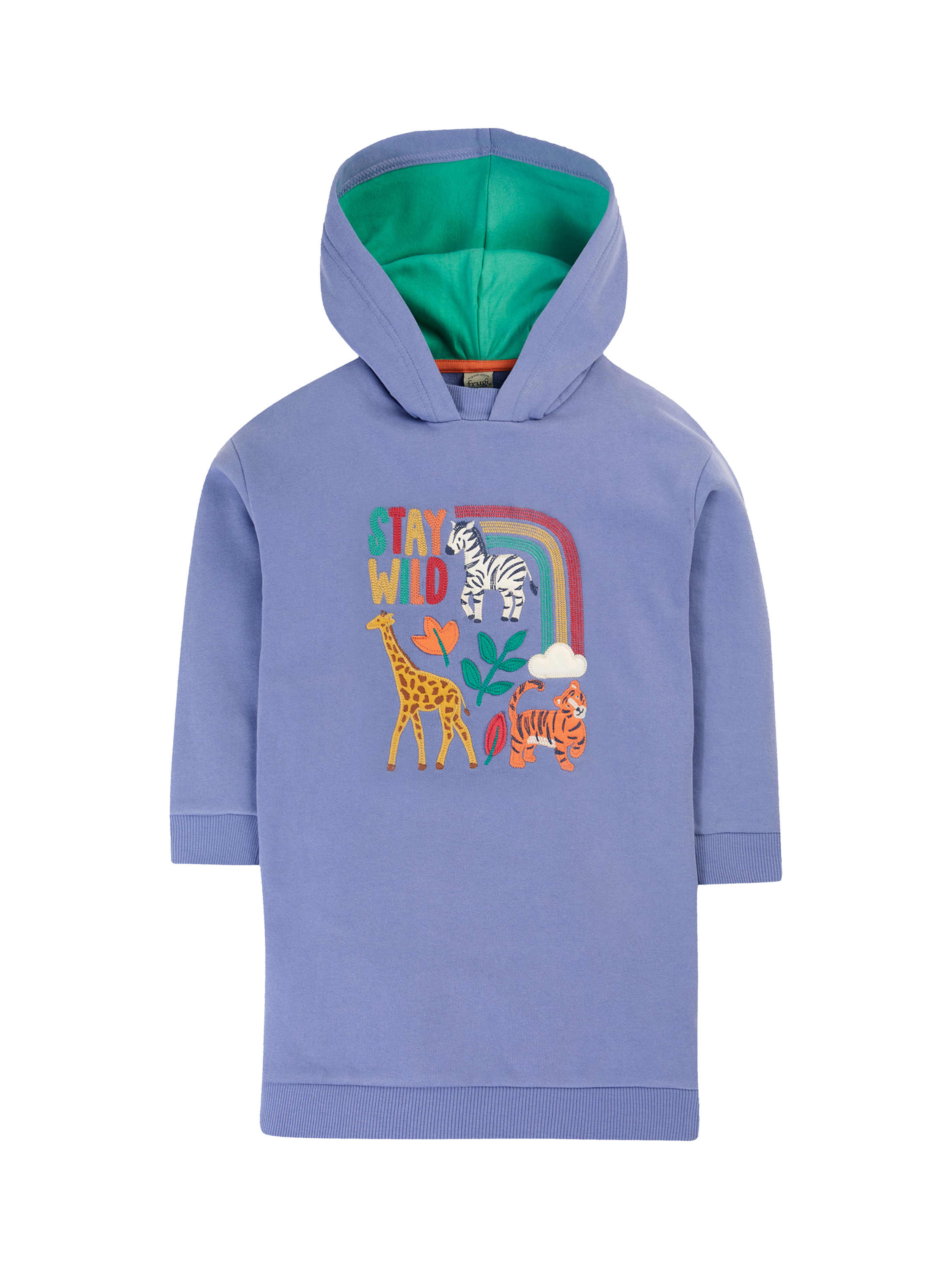 Product image 1 of 3, which shows Frugi Kids' Ria Hoodie Dress, Grape/Stay Wild, 2-3 years