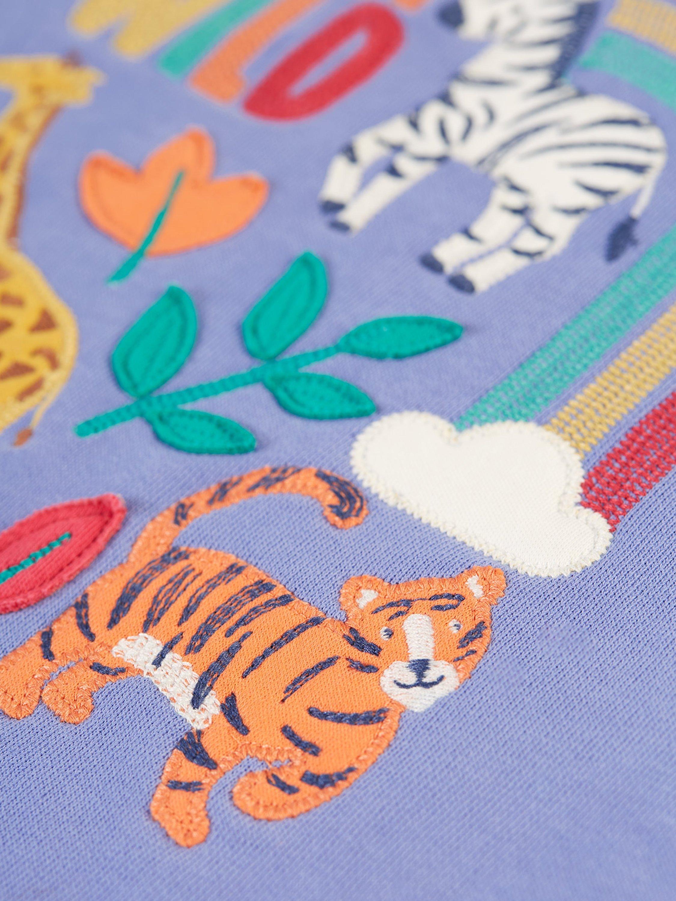 Product image 2 of 3, which shows Frugi Kids' Ria Hoodie Dress, Grape/Stay Wild, 2-3 years