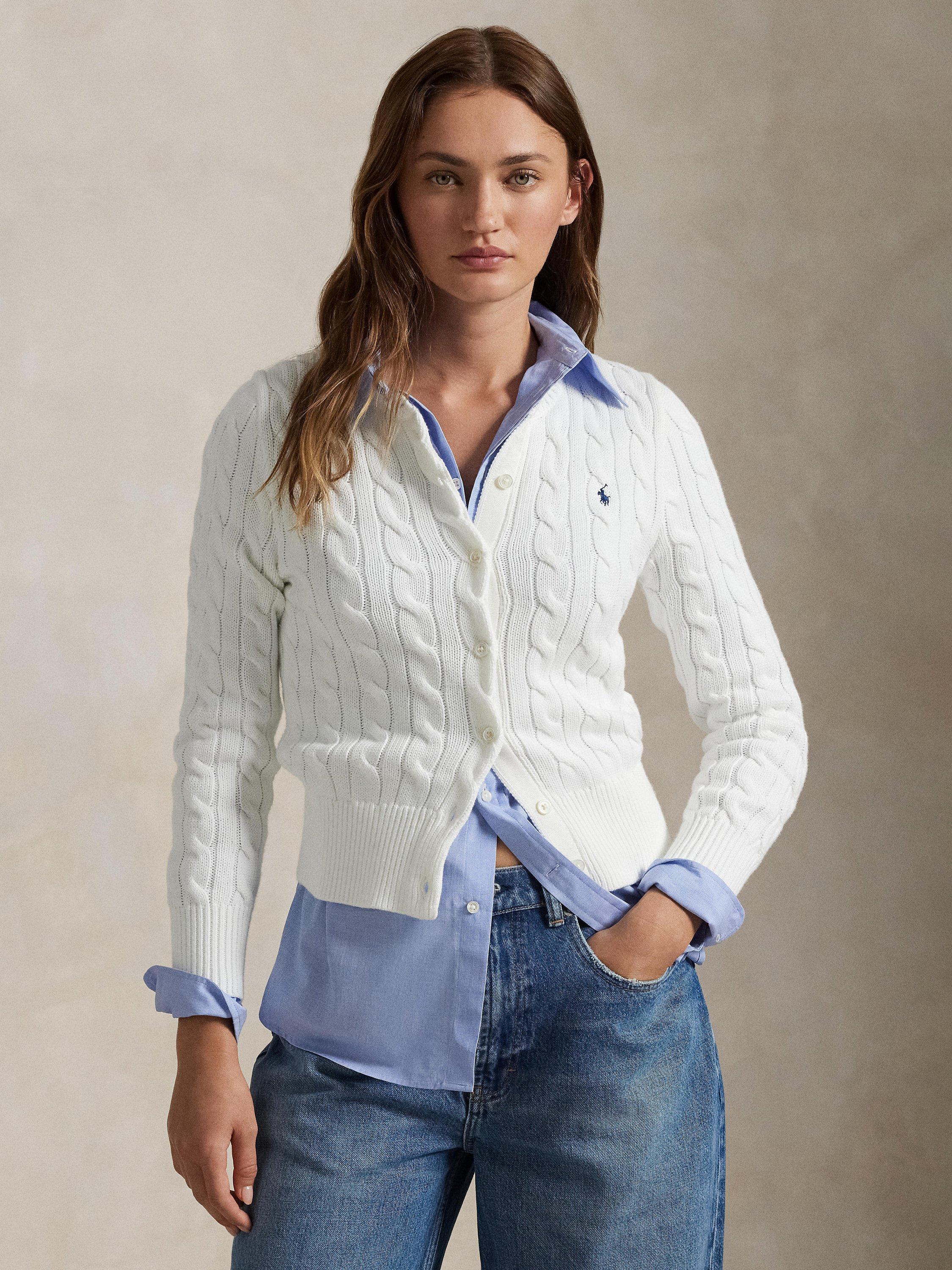Product image 1 of 4, which shows Polo Ralph Lauren Cotton Cable Knit Cardigan, White, XS