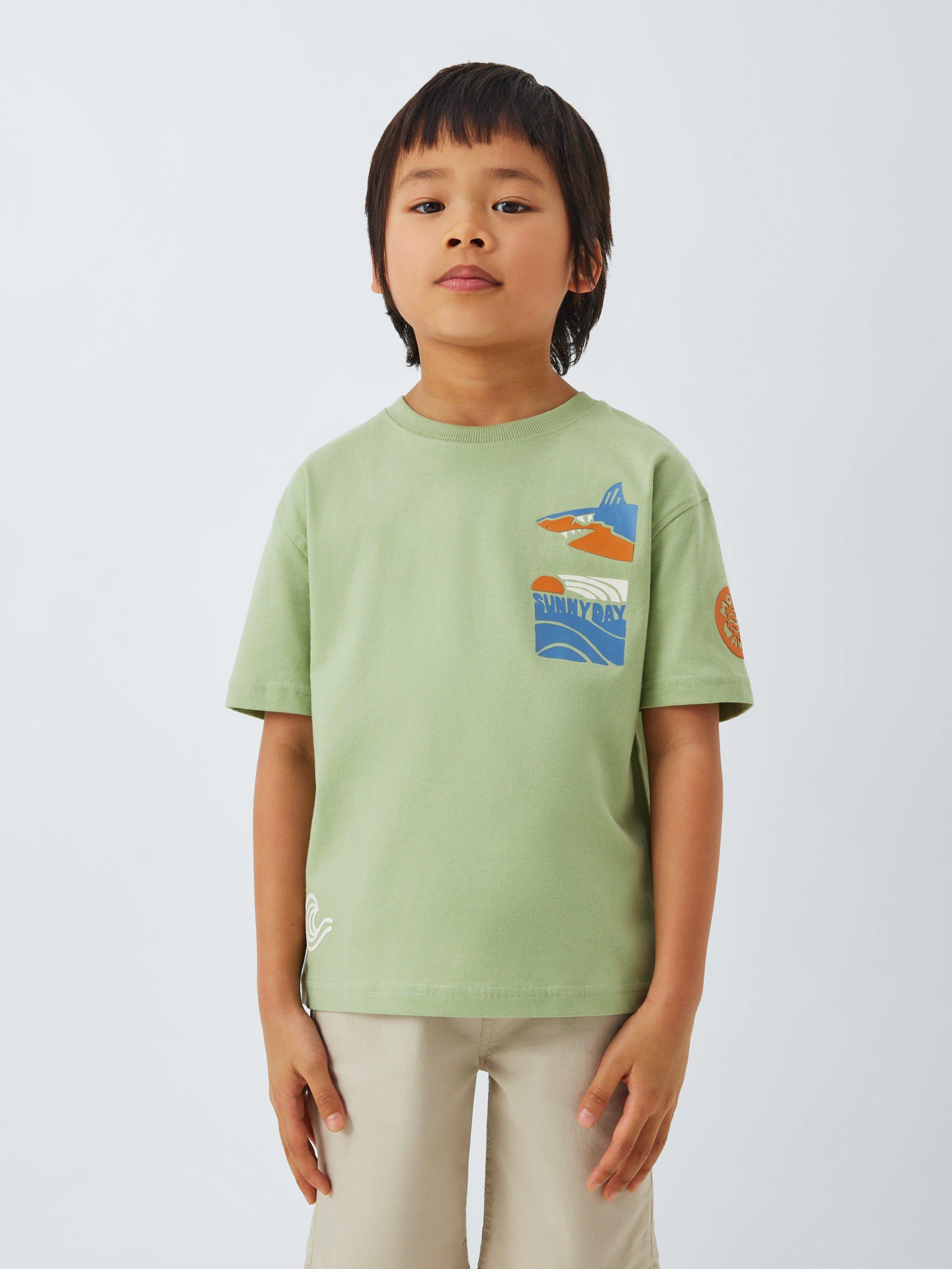Product image 1 of 7, which shows John Lewis Kids' Shark Wave Graphic T-Shirt, Green, 2 years
