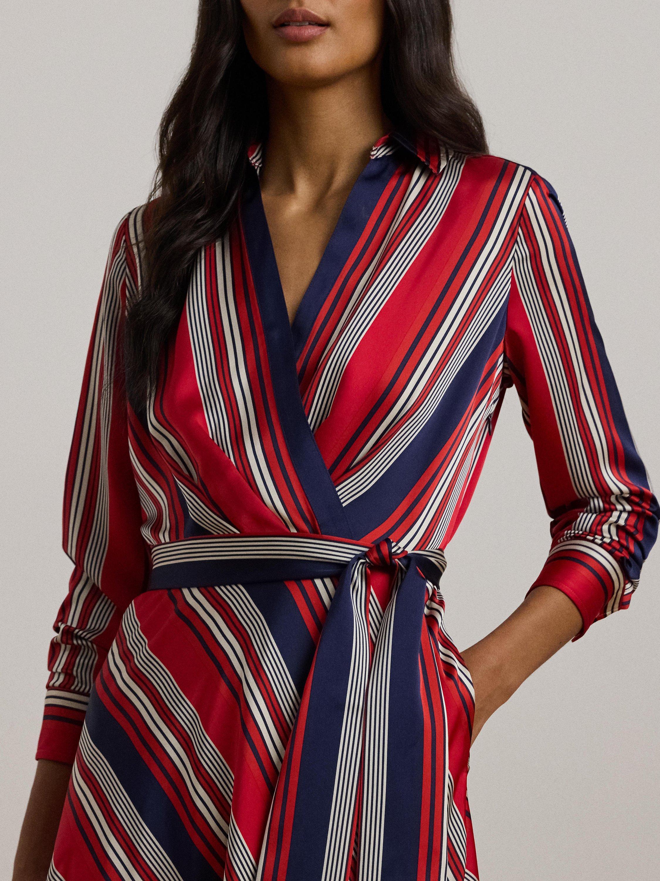 Lauren Ralph Lauren Rowella Satin Stripe Wrap Midi Shirt Dress Multi