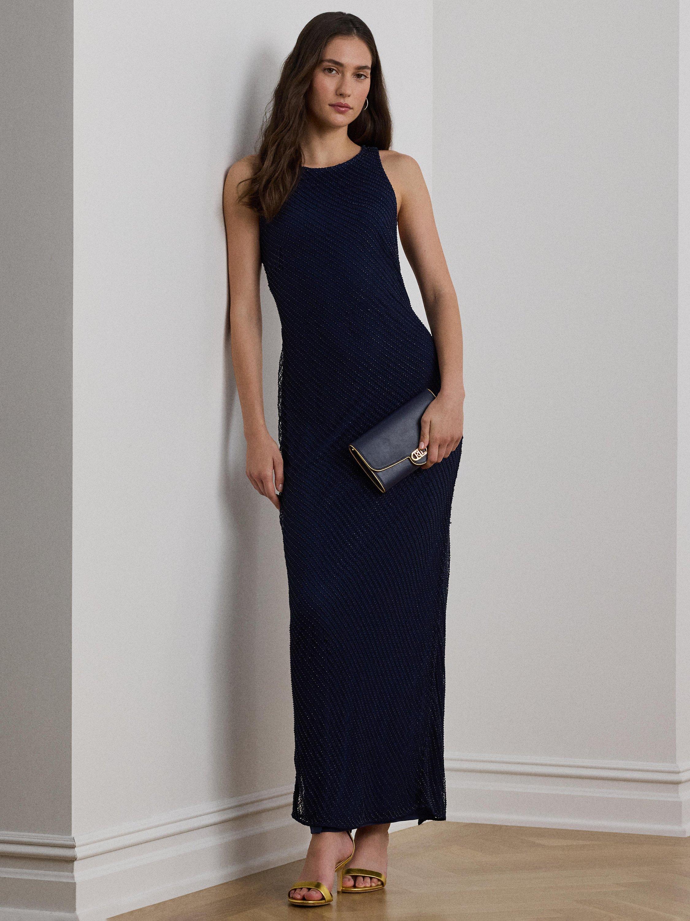 Product image 1 of 4, which shows Lauren Ralph Lauren Zakaria Beaded Mesh Sleeveless Column Dress, Navy, 10