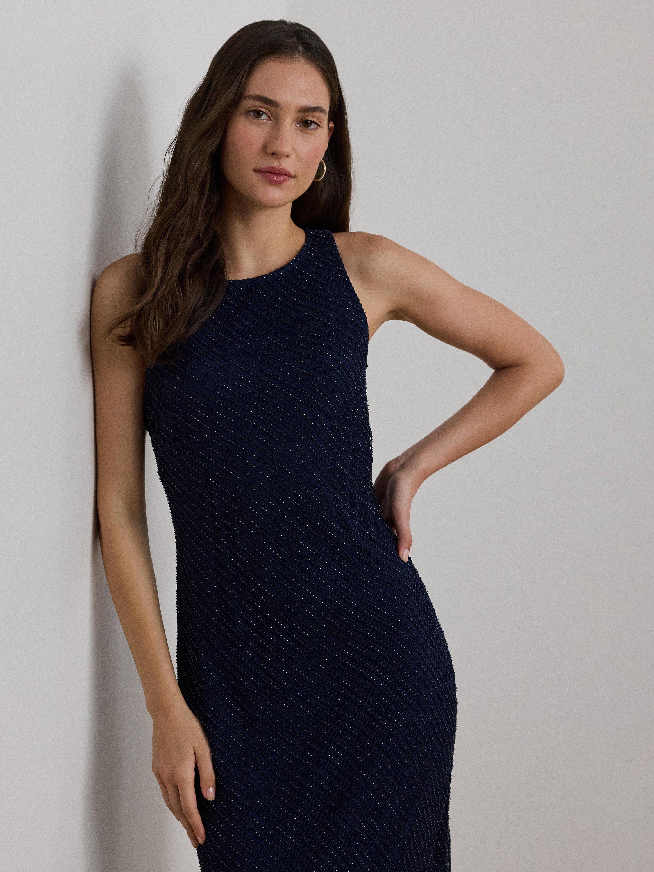 Product image 3 of 4, which shows Lauren Ralph Lauren Zakaria Beaded Mesh Sleeveless Column Dress, Navy, 10