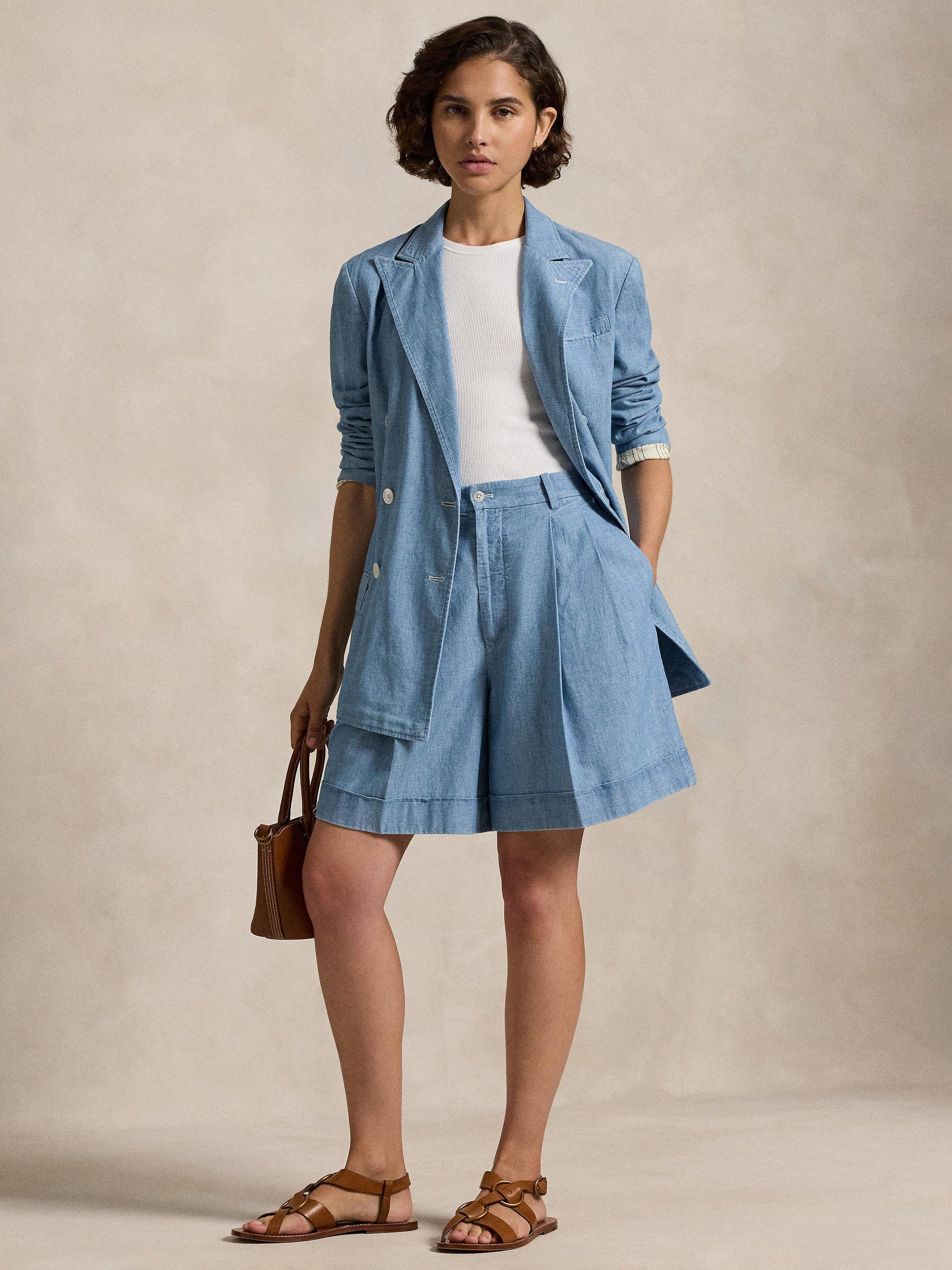 Product image 1 of 5, which shows Polo Ralph Lauren Pleated Cotton Shorts, Chambray, 12