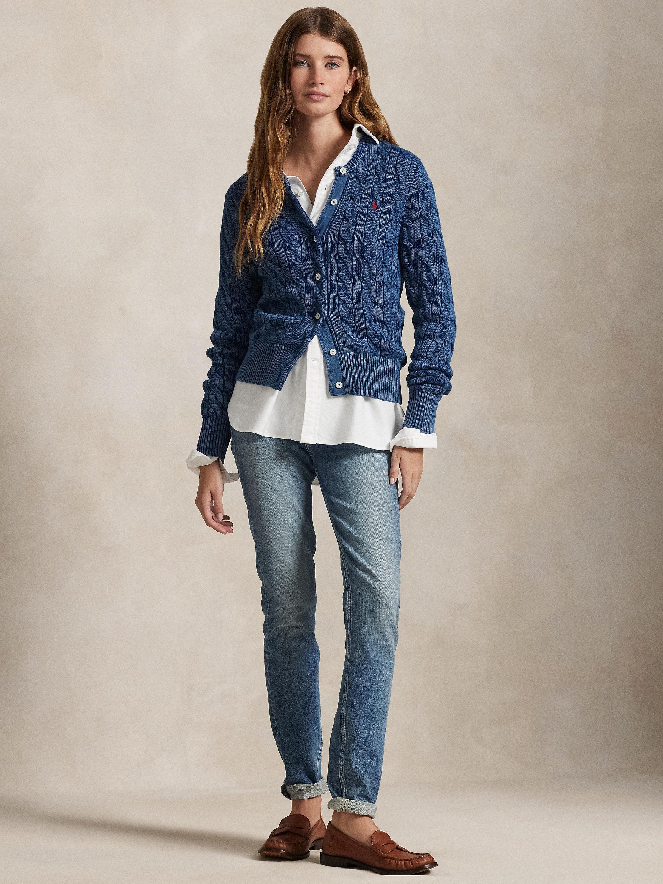 Product image 1 of 5, which shows Polo Ralph Lauren Cotton Cable Knit Cardigan, Indigo, XS