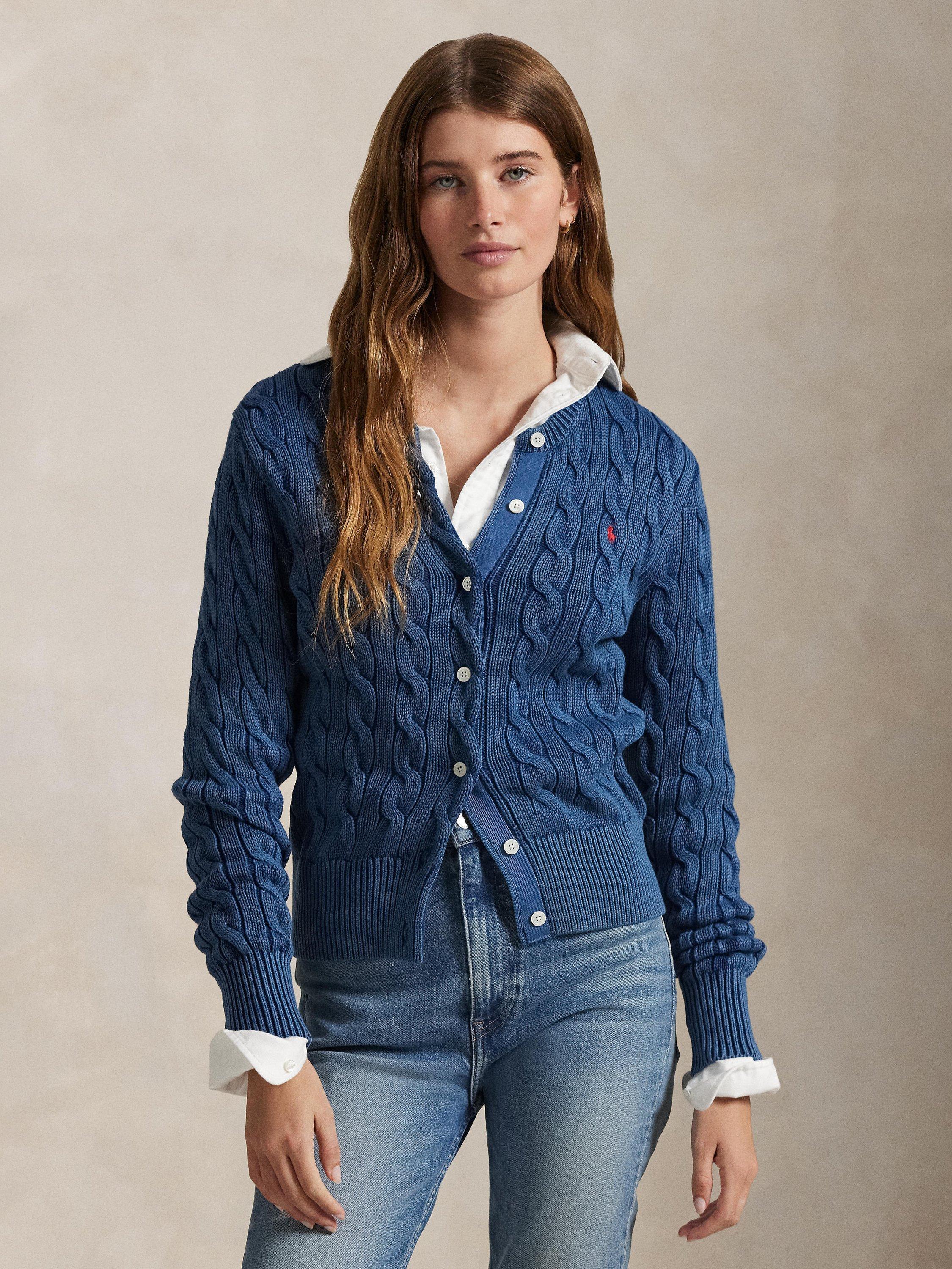 Product image 4 of 5, which shows Polo Ralph Lauren Cotton Cable Knit Cardigan, Indigo, XS