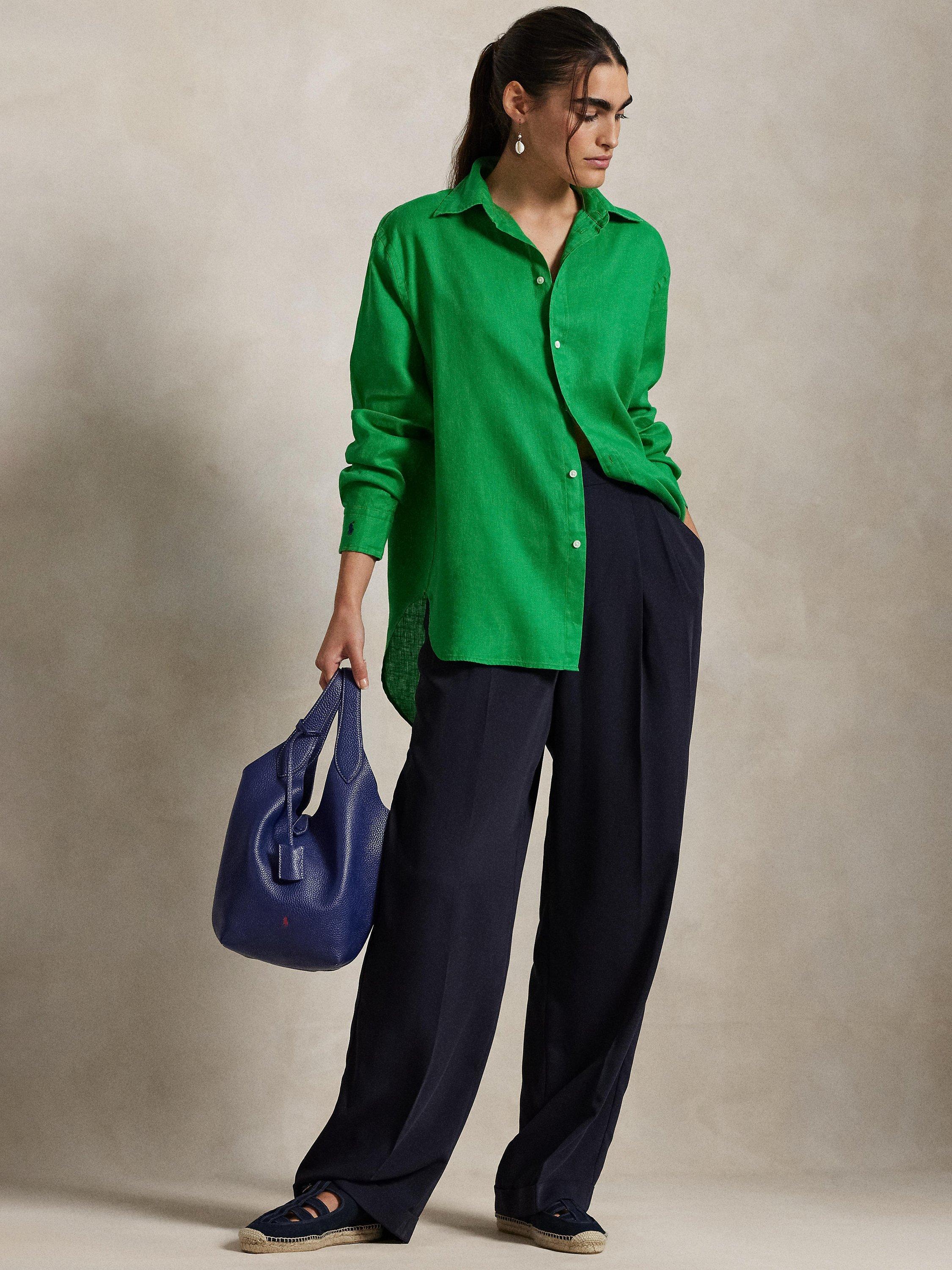 Product image 1 of 4, which shows Polo Ralph Lauren Long Sleeve Linen Shirt, Green, XS