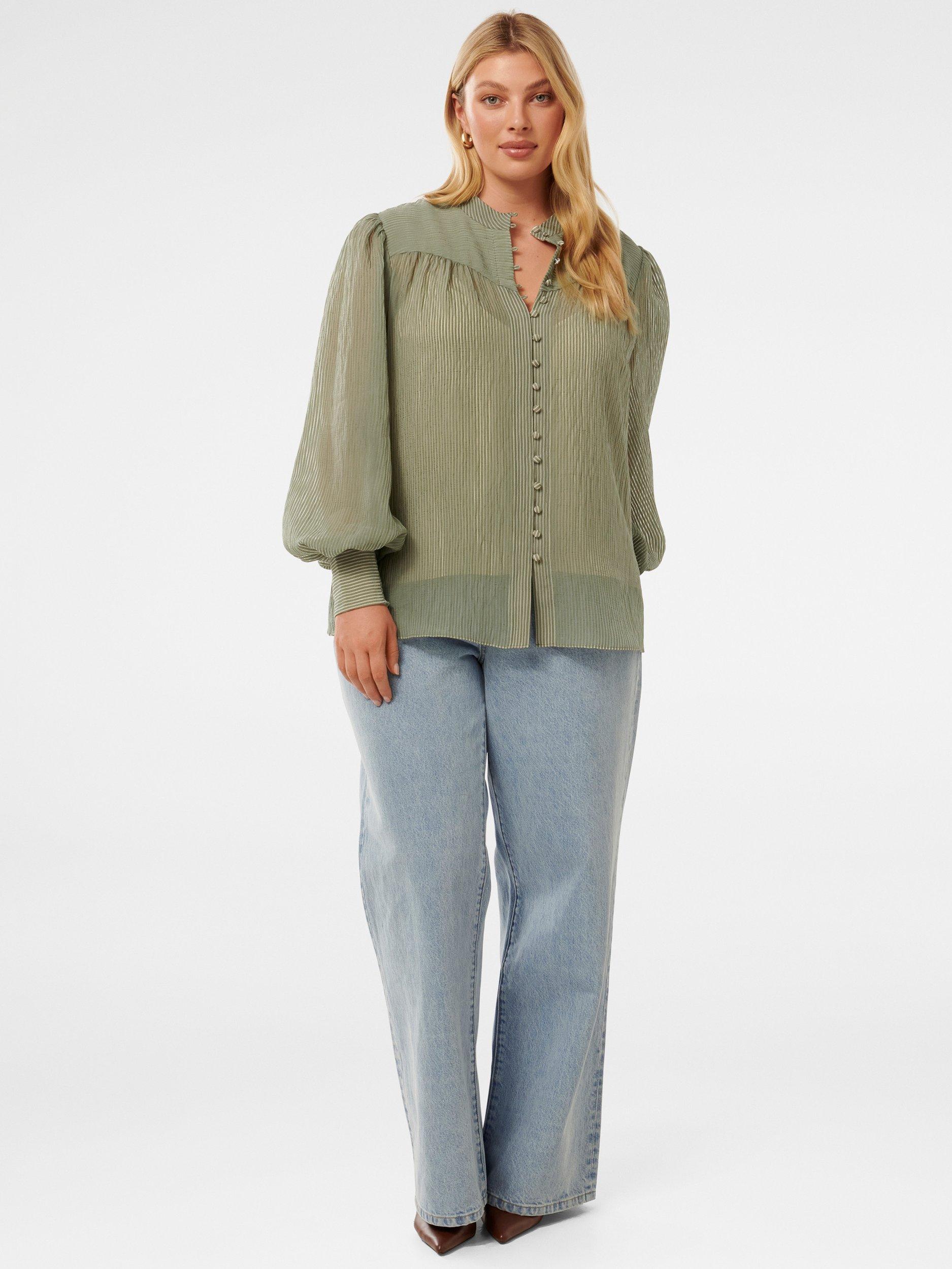 Product image 1 of 5, which shows Forever New Curve Leo Soft Stripe Blouse, Soft Sage, 16