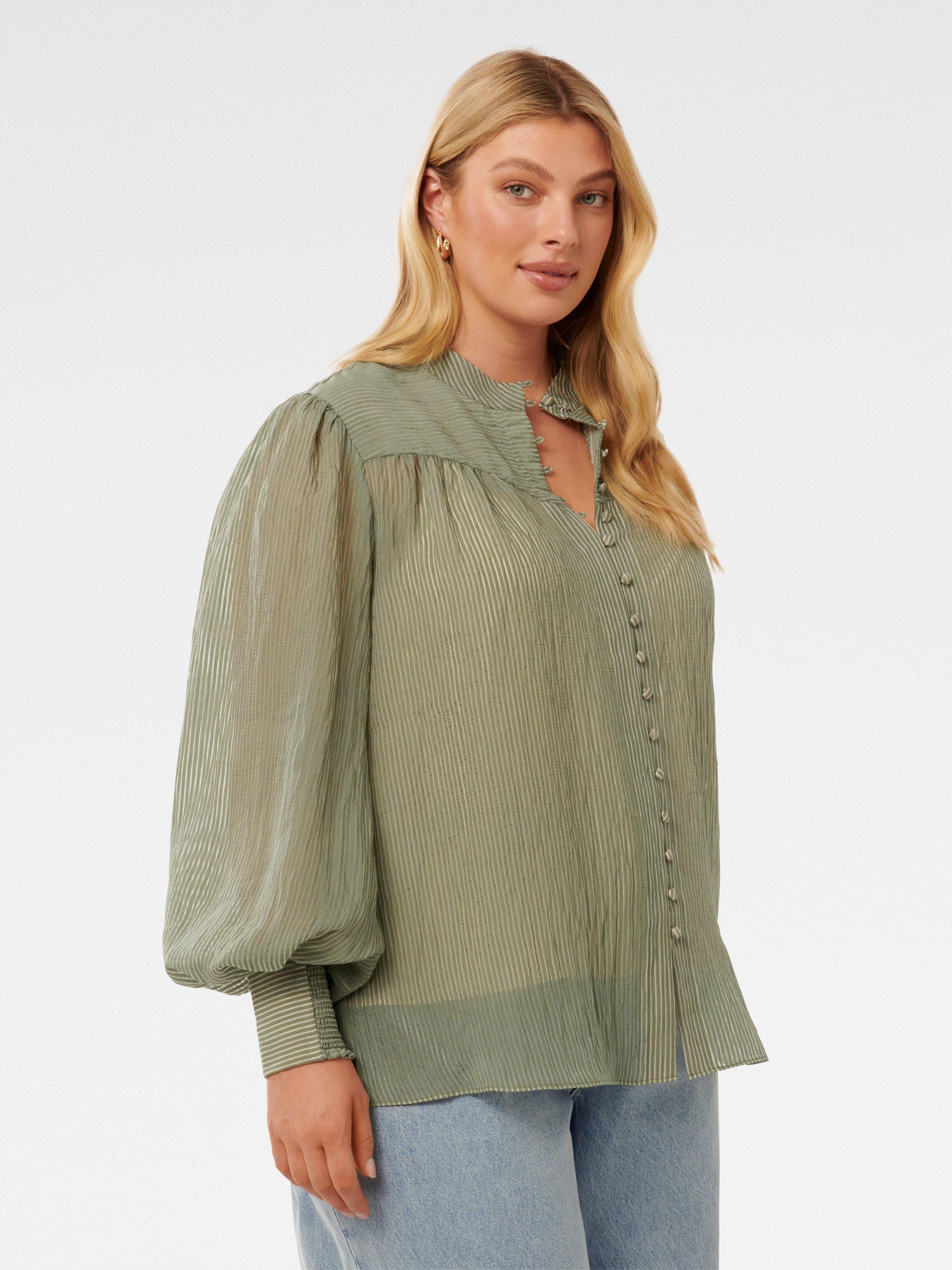 Product image 3 of 5, which shows Forever New Curve Leo Soft Stripe Blouse, Soft Sage, 16