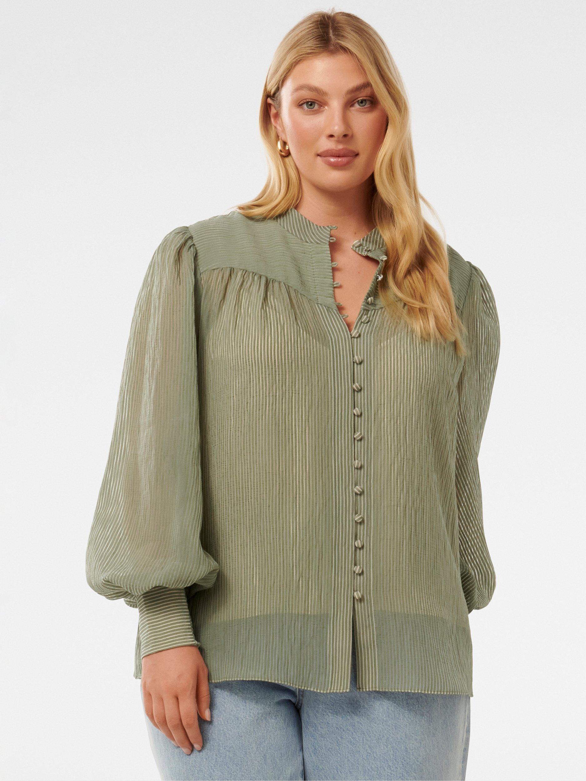 Product image 5 of 5, which shows Forever New Curve Leo Soft Stripe Blouse, Soft Sage, 16
