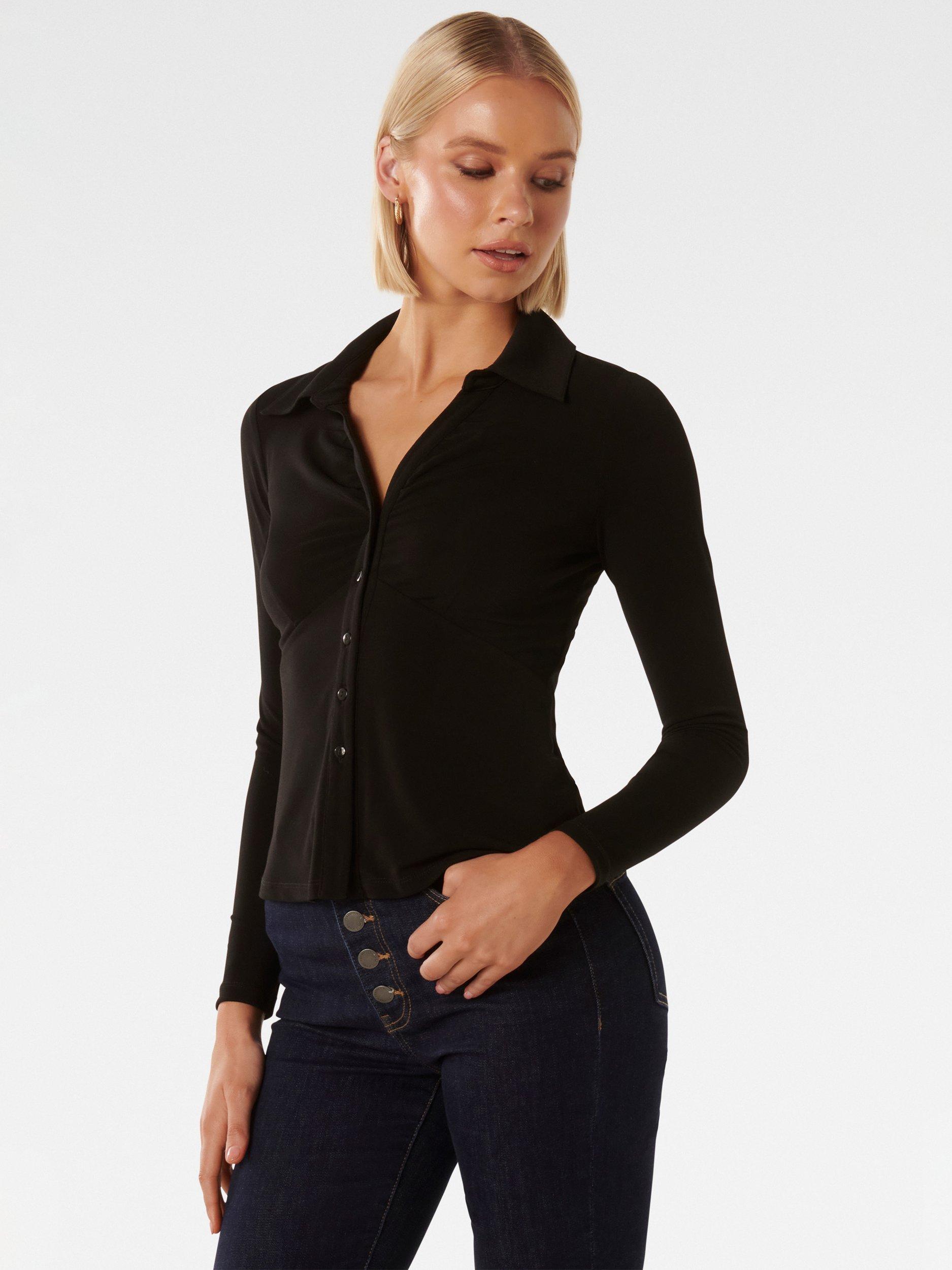 Product image 3 of 5, which shows Forever New Terri Crepe Shirt, Black, XXS