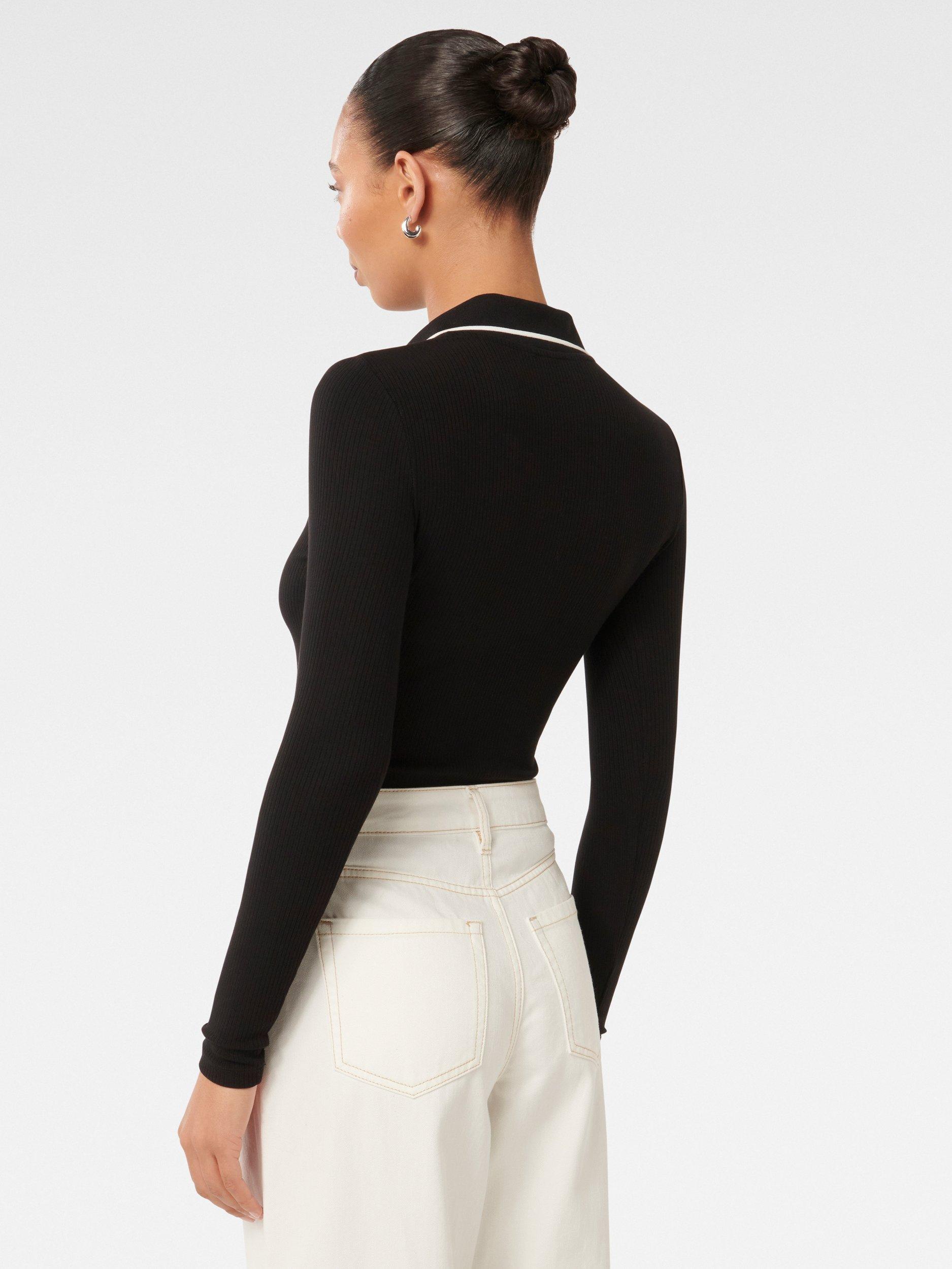 Product image 2 of 4, which shows Forever New Reina Tipped Long Sleeve Polo Top, Black/White, L
