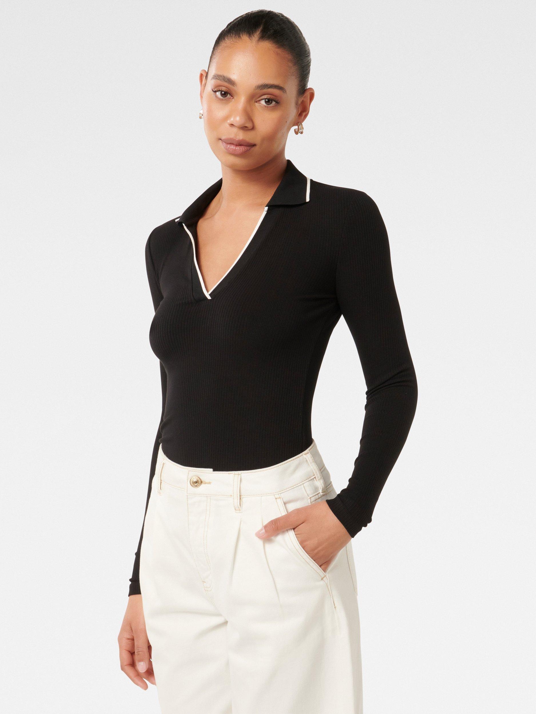 Product image 3 of 4, which shows Forever New Reina Tipped Long Sleeve Polo Top, Black/White, L