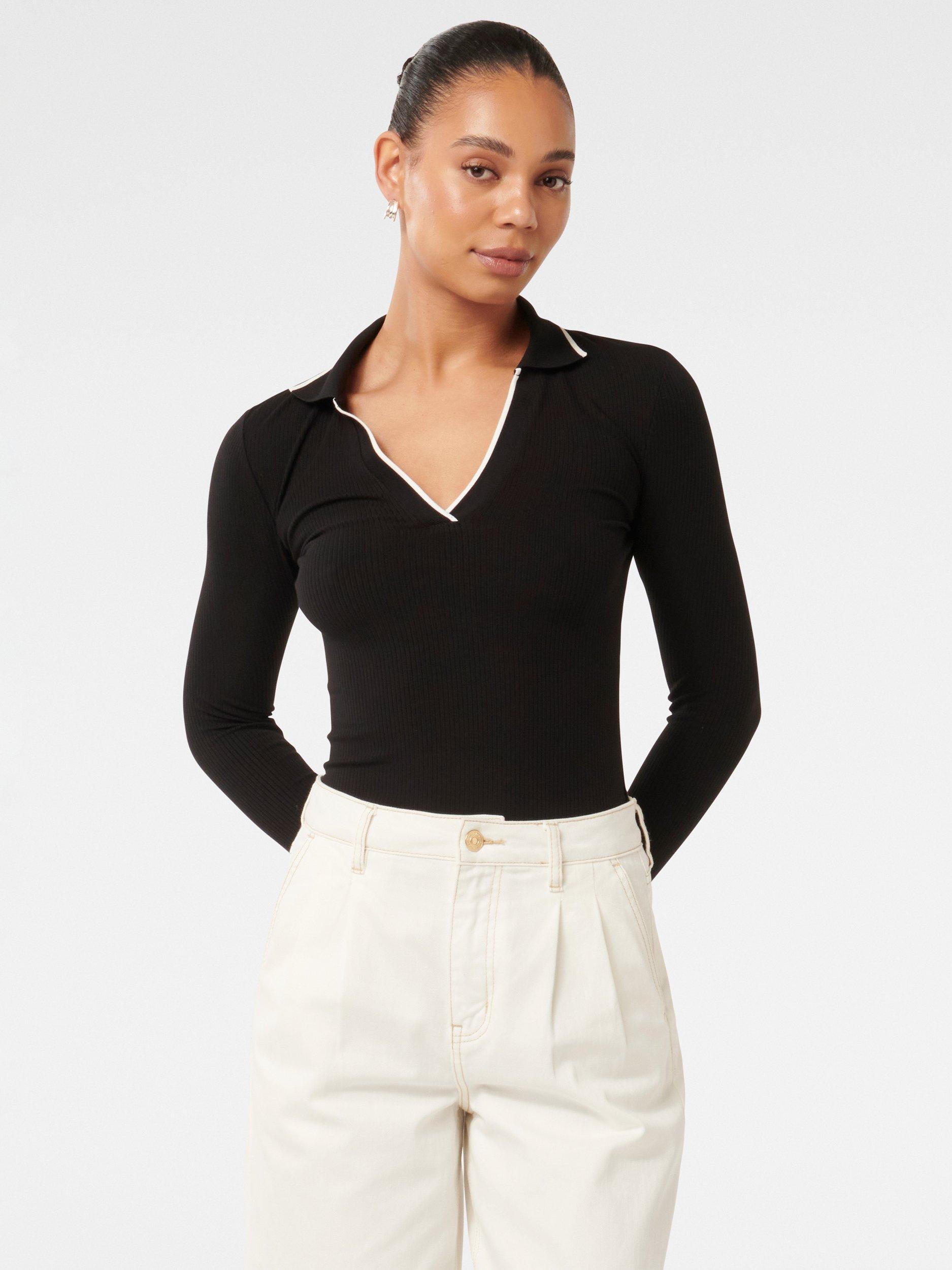 Product image 4 of 4, which shows Forever New Reina Tipped Long Sleeve Polo Top, Black/White, L