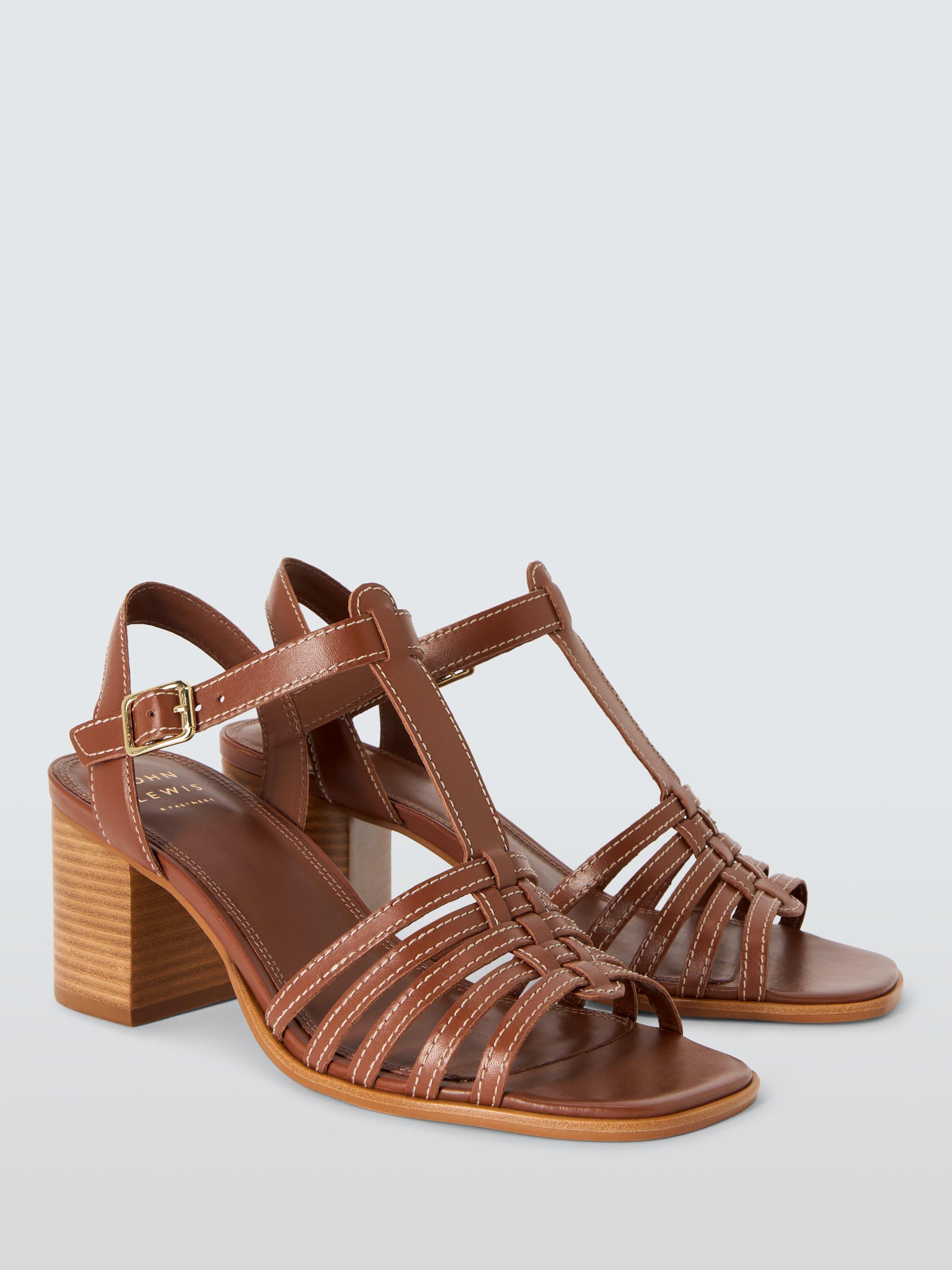 Product image 3 of 6, which shows John Lewis Mali Leather T-Bar Block Heel Casual Sandals, Dark Tan, 3