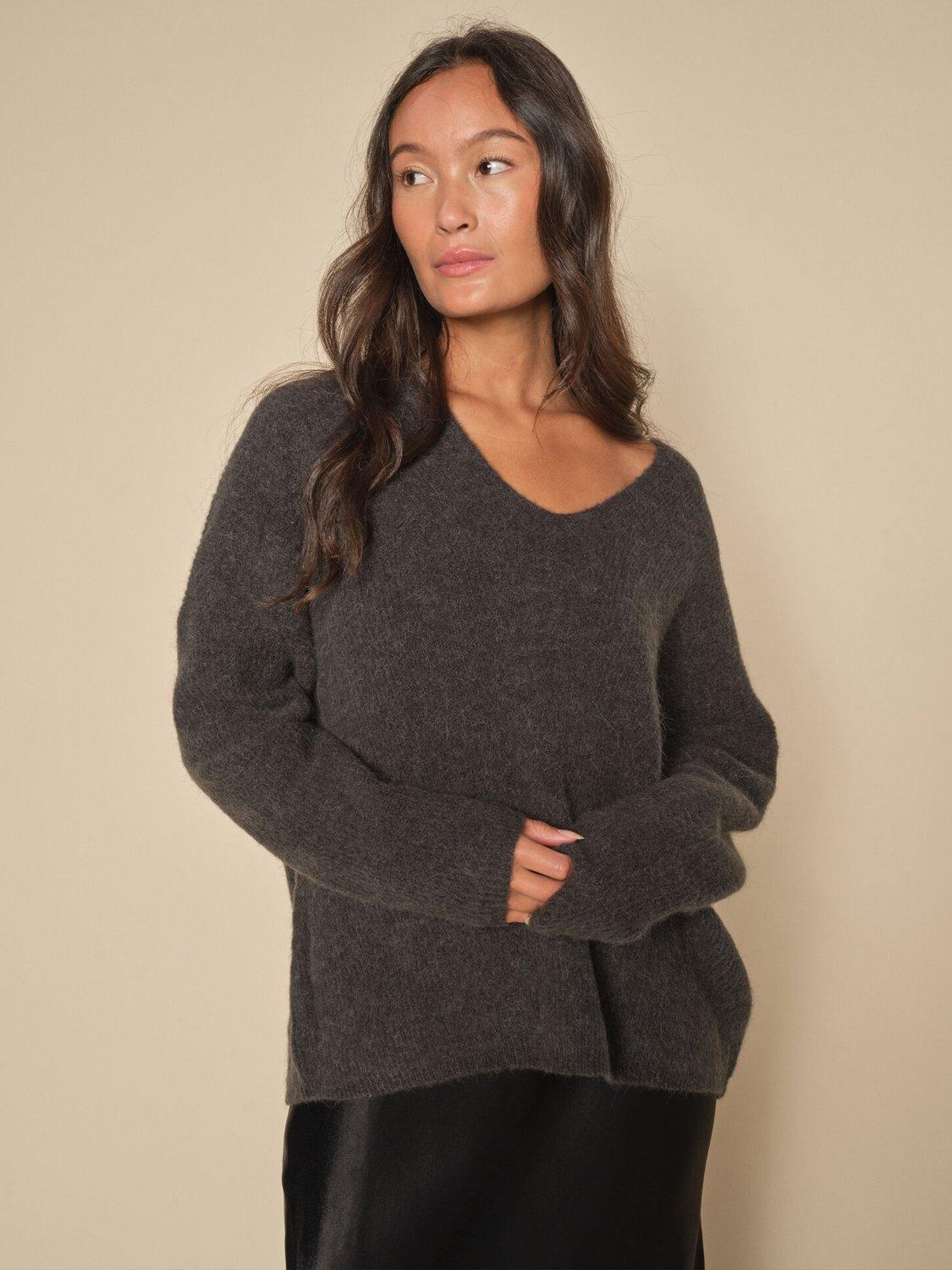 Product image 2 of 4, which shows MOS MOSH Thora V-Neck Wool Blend Jumper, Phantom, XS