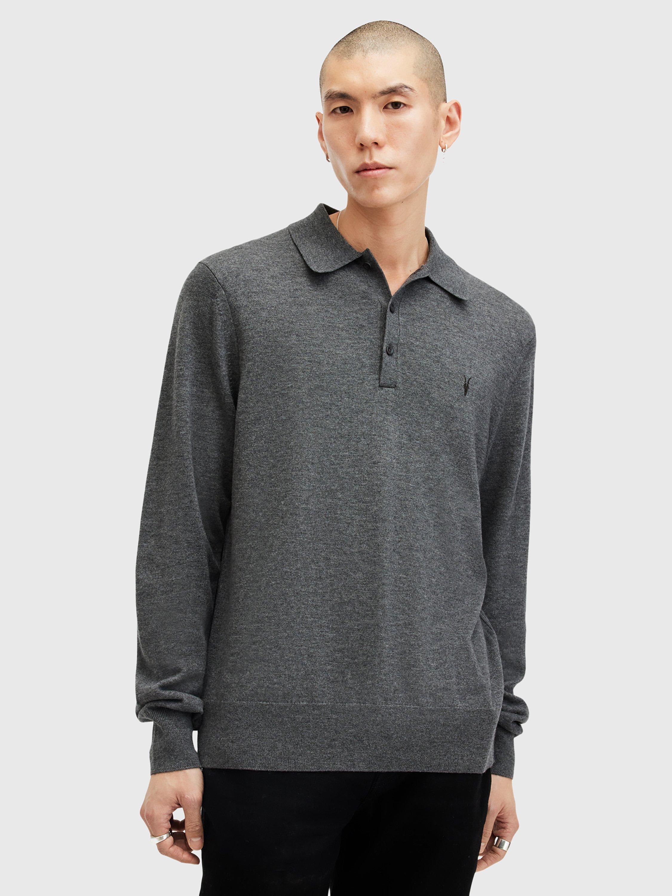 Product image 1 of 5, which shows AllSaints Kilburn Wool Blend Long Sleeve Polo Jumper, Carter Grey, L