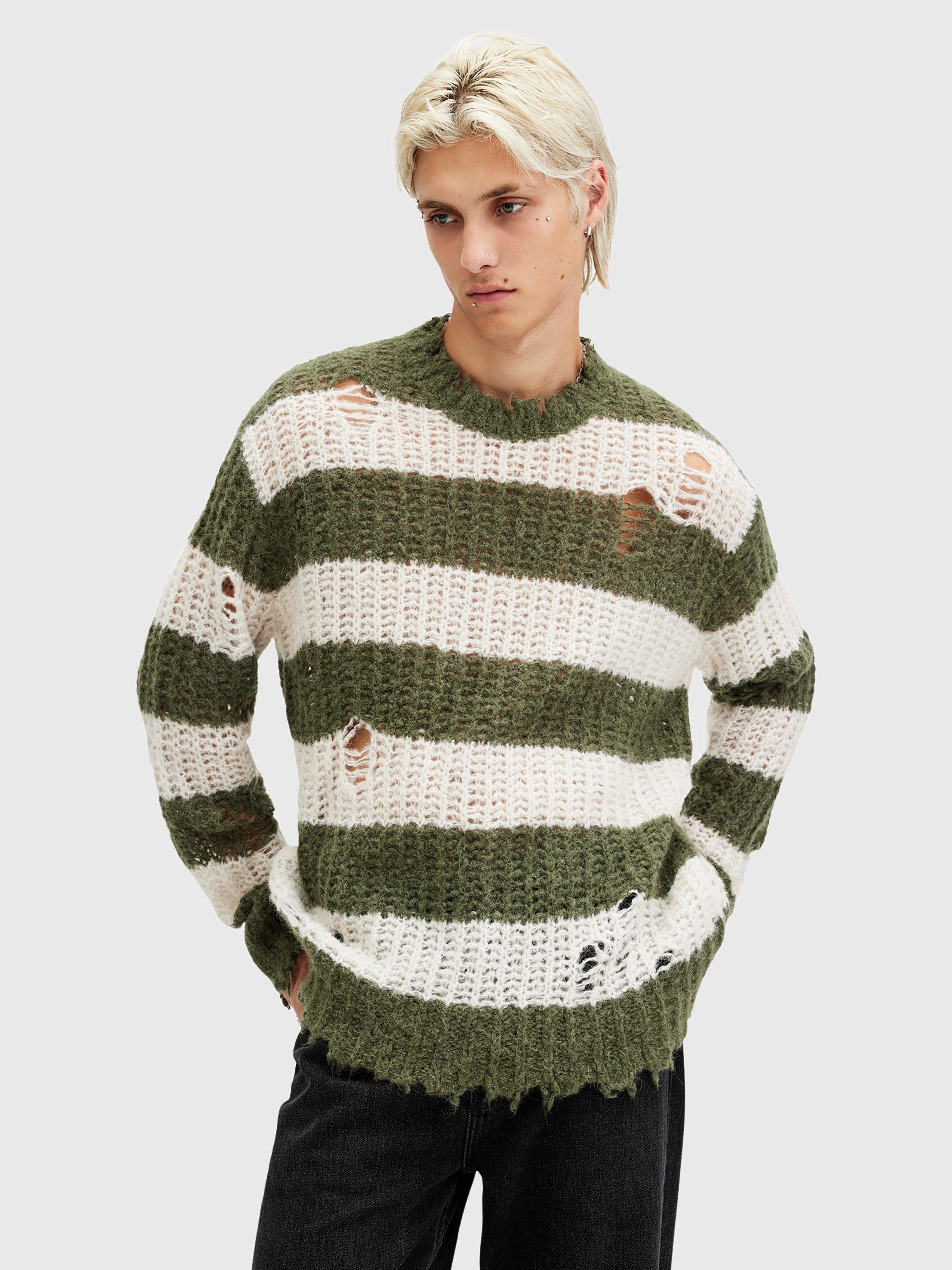 Product image 1 of 7, which shows AllSaints Sid Alpaca Blend Oversized Crew Neck Jumper, Khaki/White, L