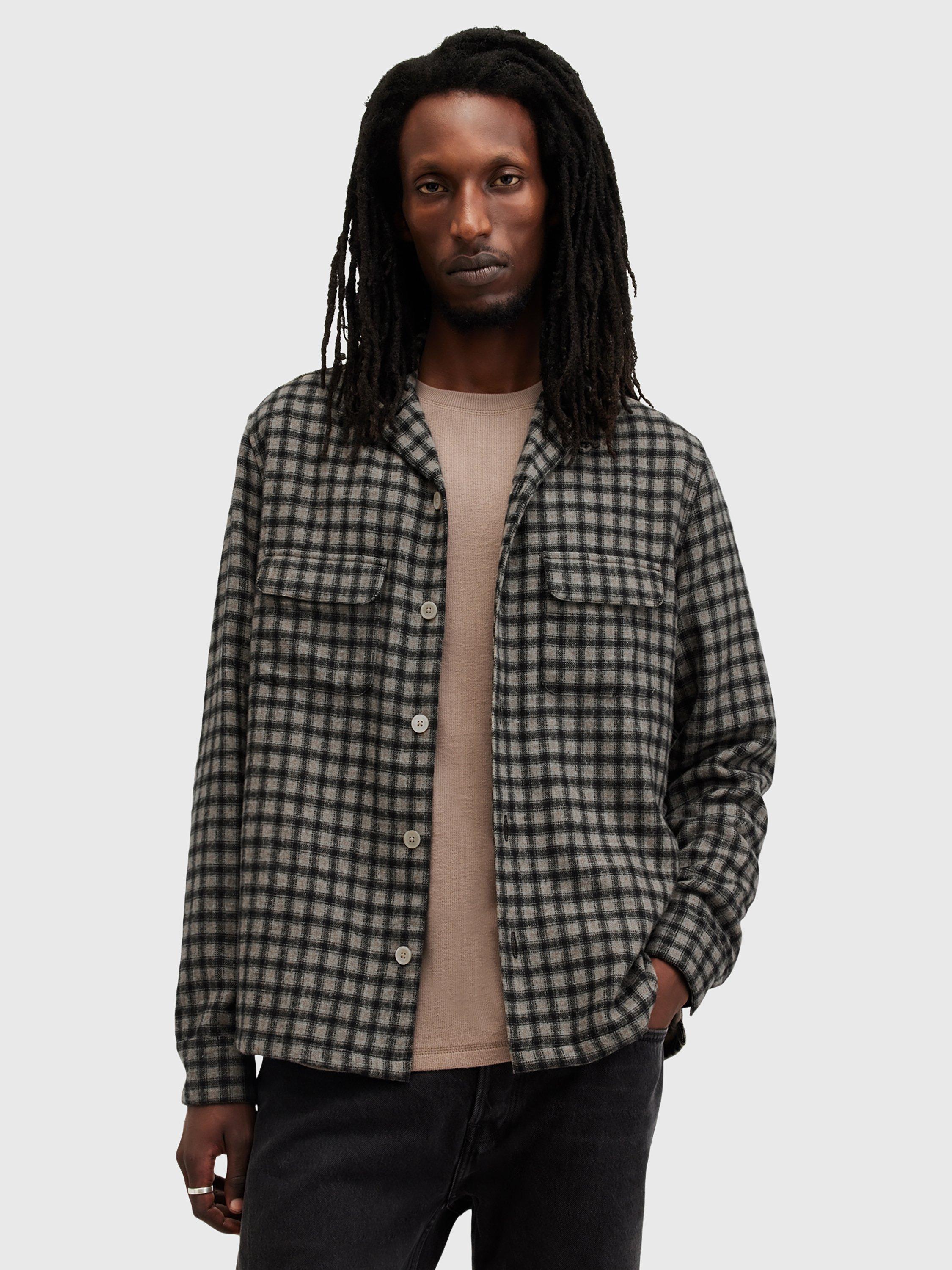 Product image 1 of 8, which shows AllSaints Alkame Wool Blend Check Shirt, Brown, XS