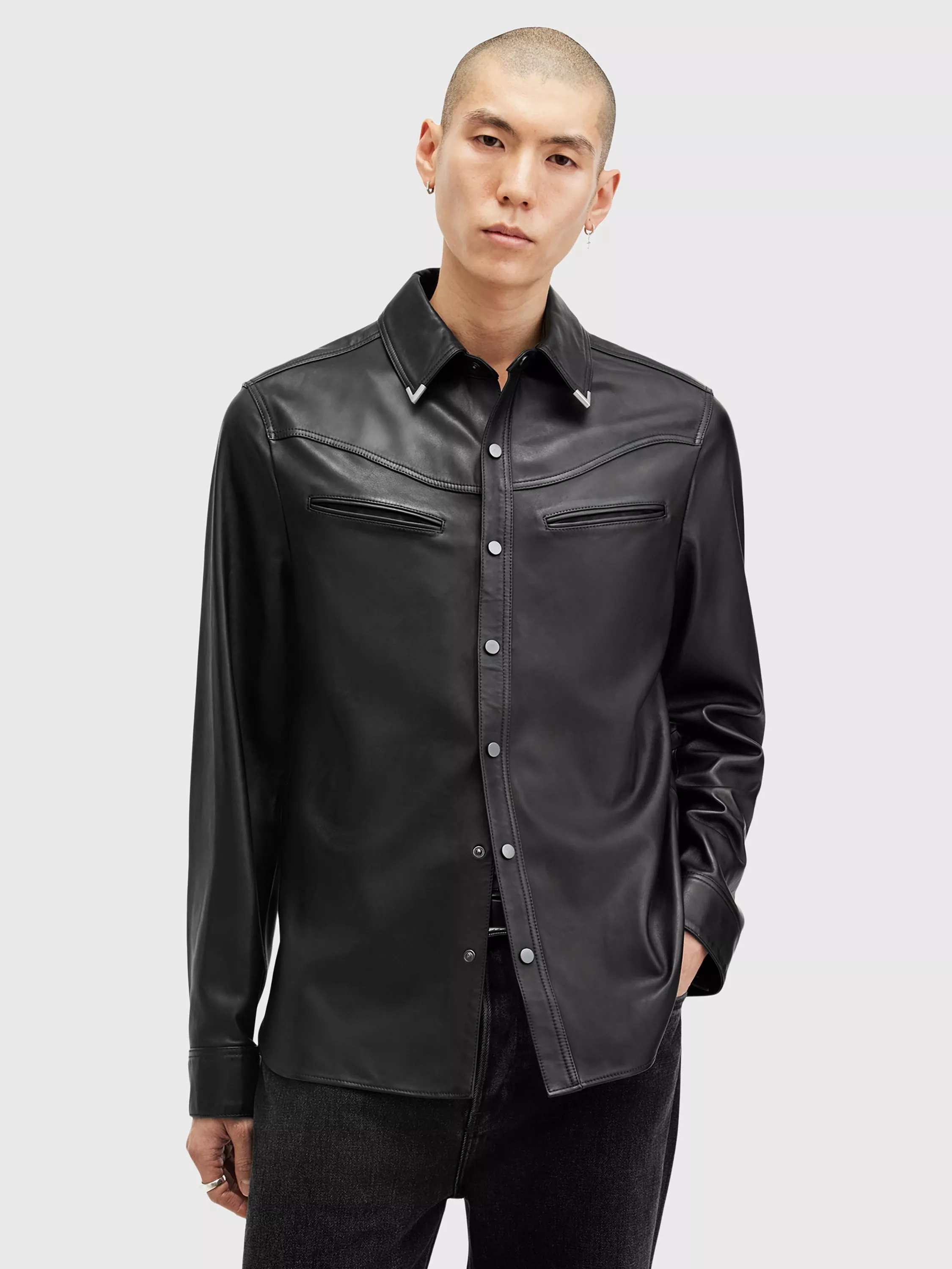 AllSaints Draven Metal Tip Collar Leather Shirt, Black