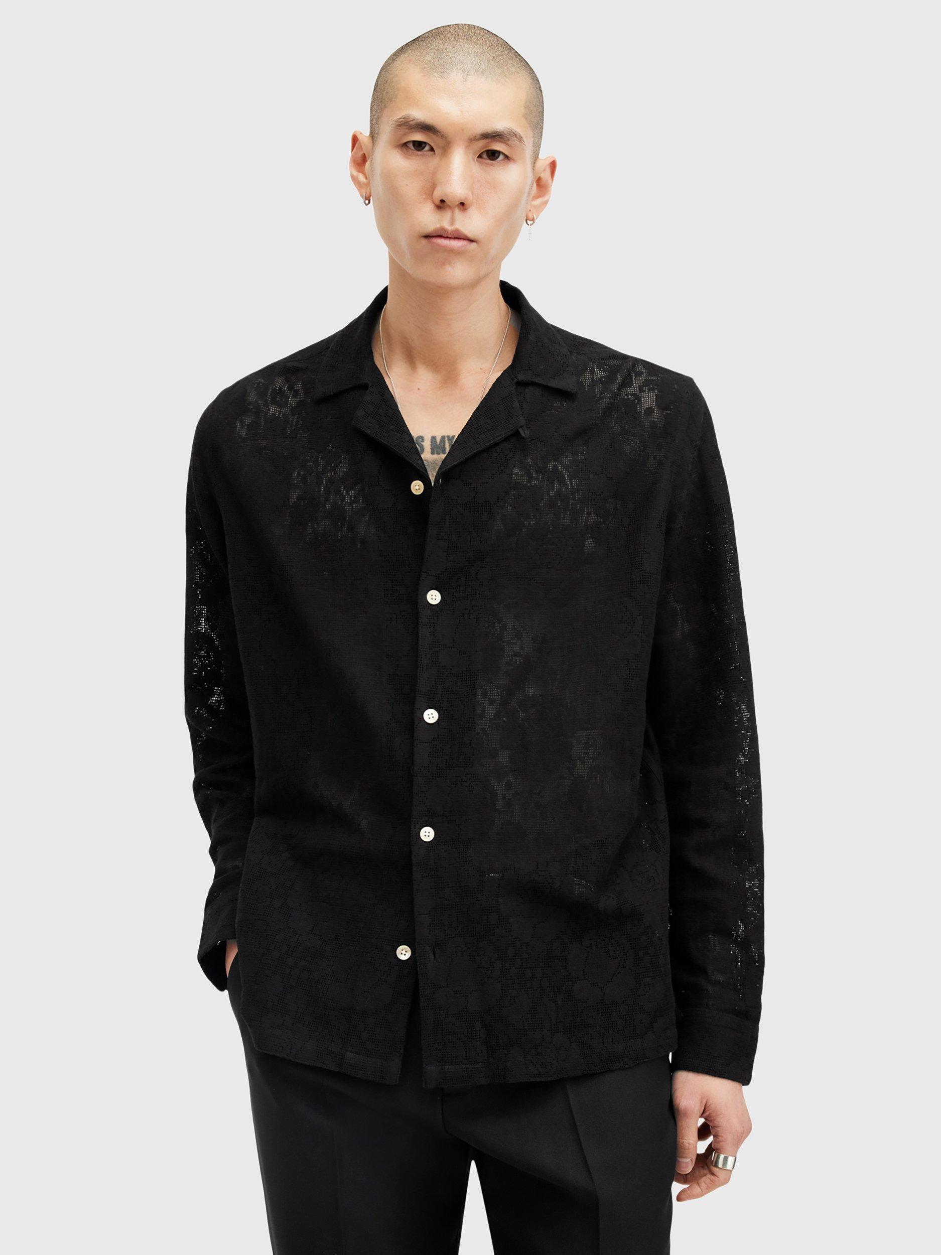 AllSaints Okesa Cotton Blend Loose Fit Abstract Shirt, Black