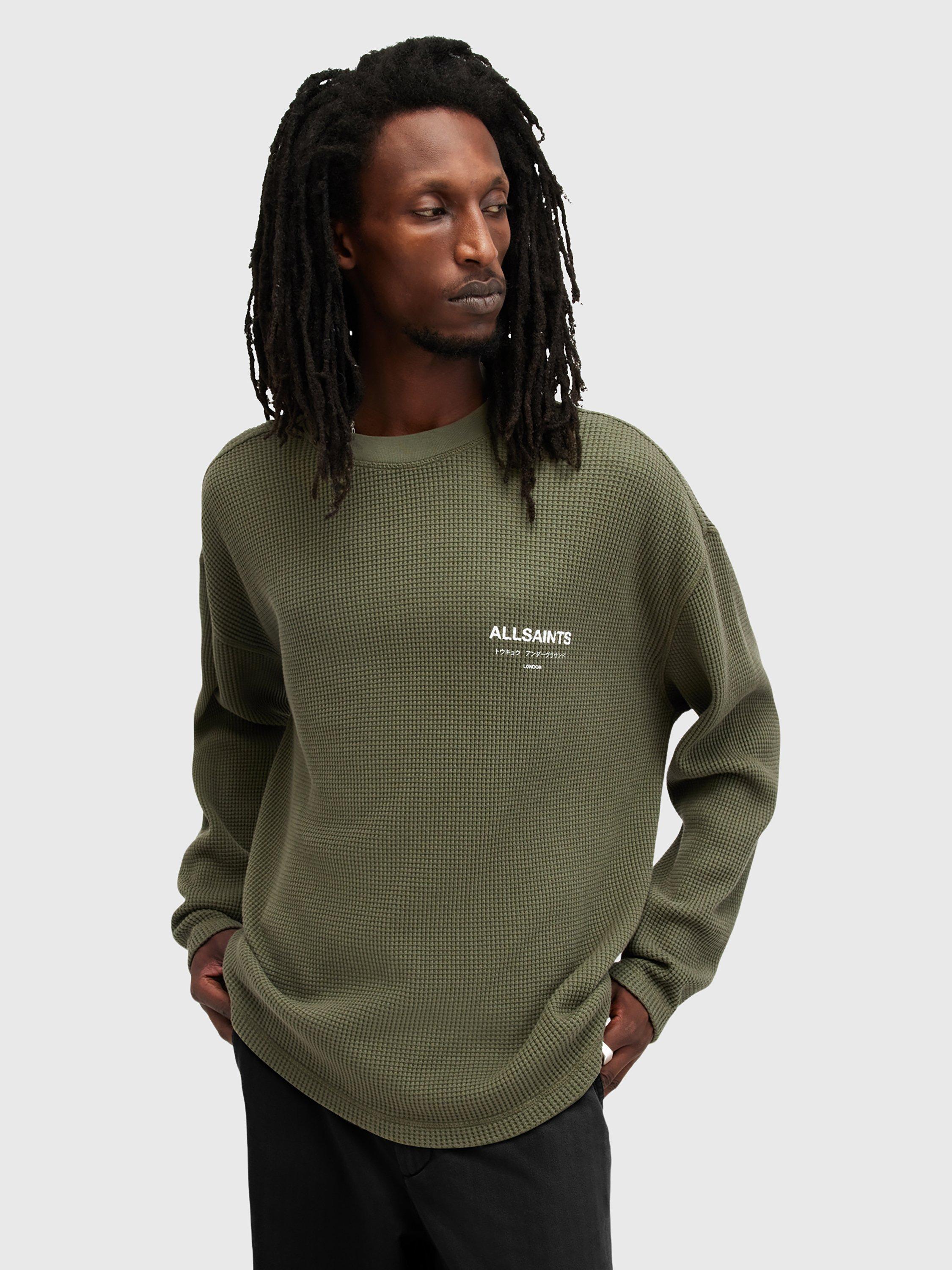 AllSaints Crypt Organic Cotton Oversized Fit Long Sleeve Graphic T-Shirt, Green