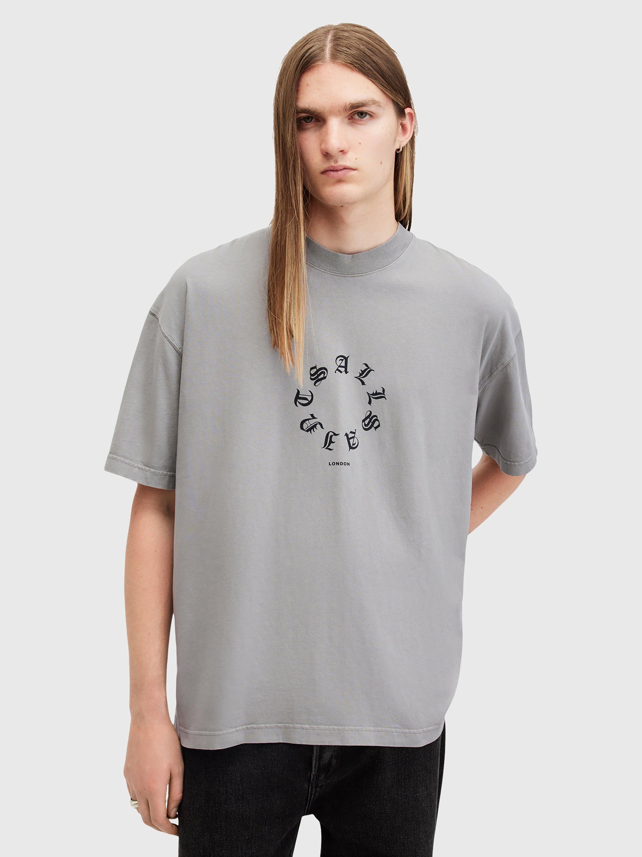 AllSaints Fraktur Logo Print Oversized T-Shirt, Trinity Grey