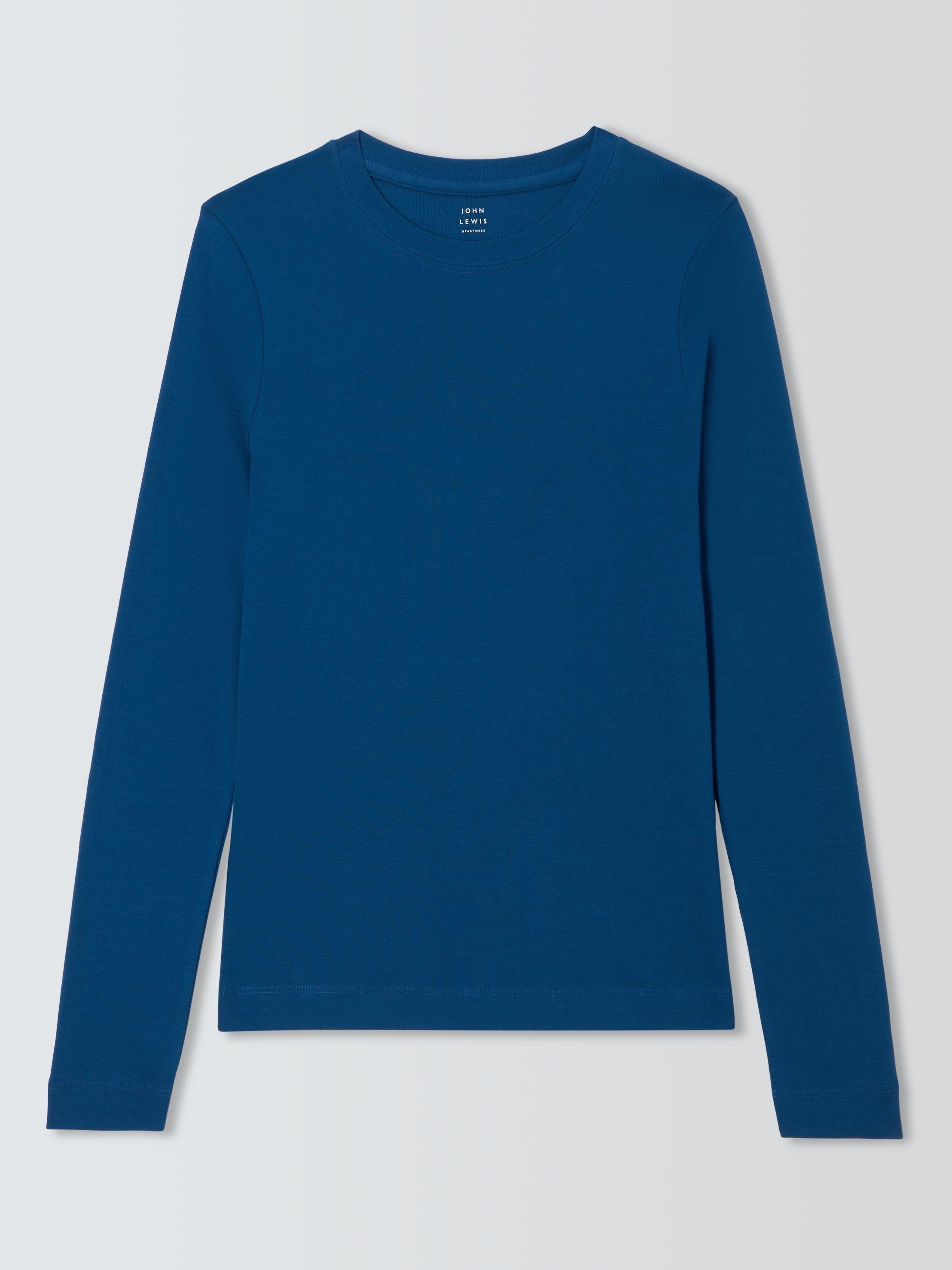 John Lewis Organic Cotton Long Sleeve Crew Neck T-Shirt, Blue, 18